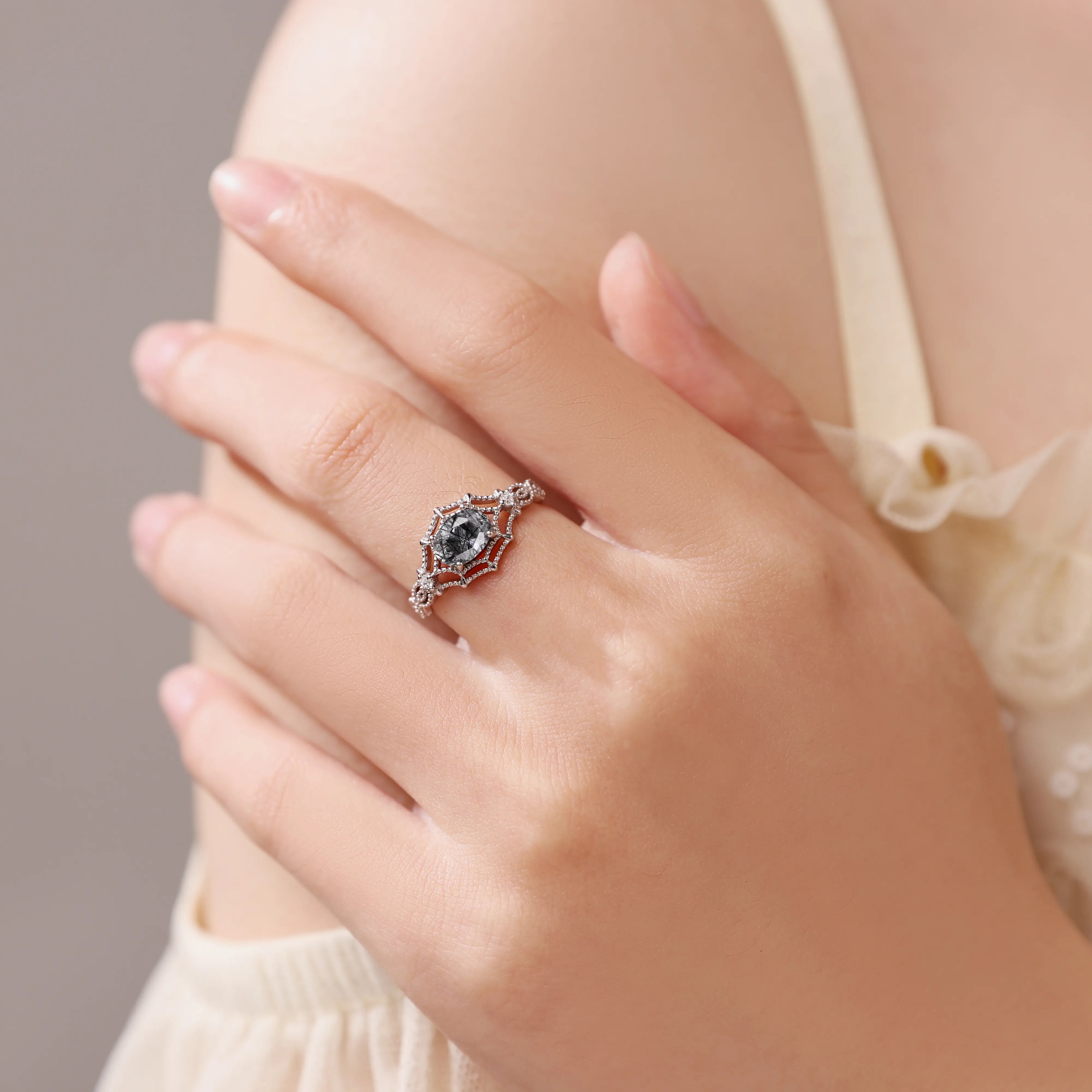 Oval Black Rutilated Quartz Spiderweb Vintage Beaded  Engagement Ring