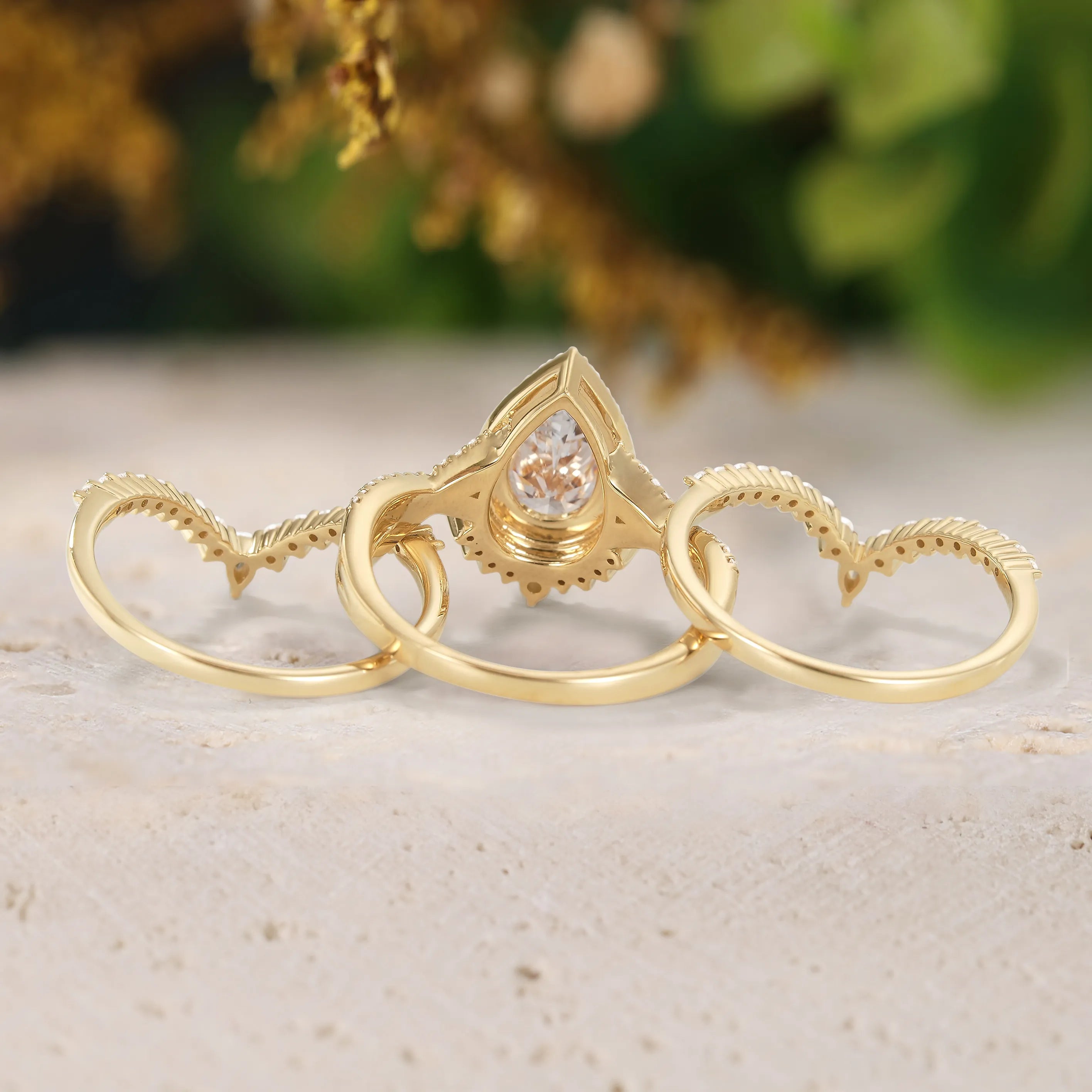 Pear Cut Moissanite 3pcs Wedding & Engagement Ring Set Yellow Gold