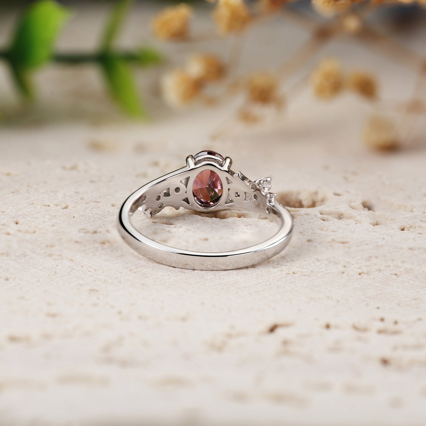 Oval Lab Ruby Engagement Ring with Vintage Beaded & Branches
