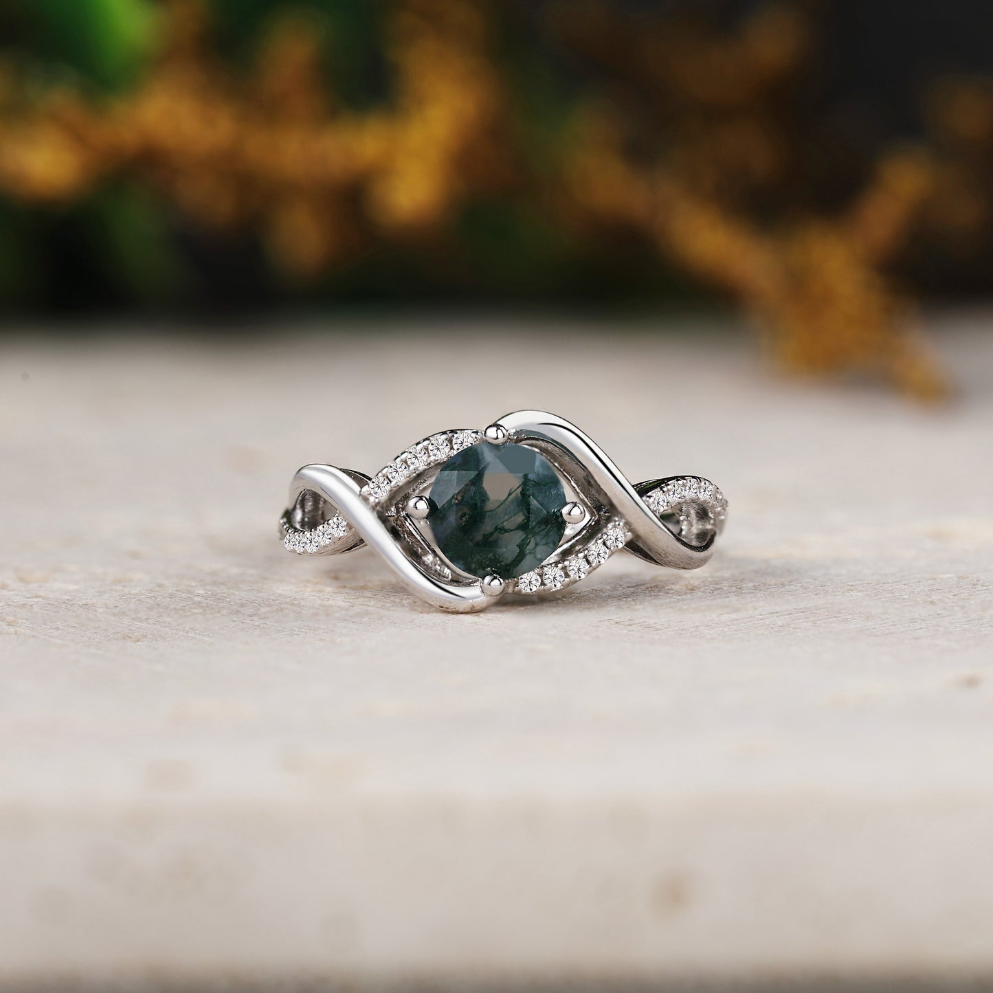 Round Cut Natural Moss Agate Engagement Ring With Cross Moissaite Cluster
