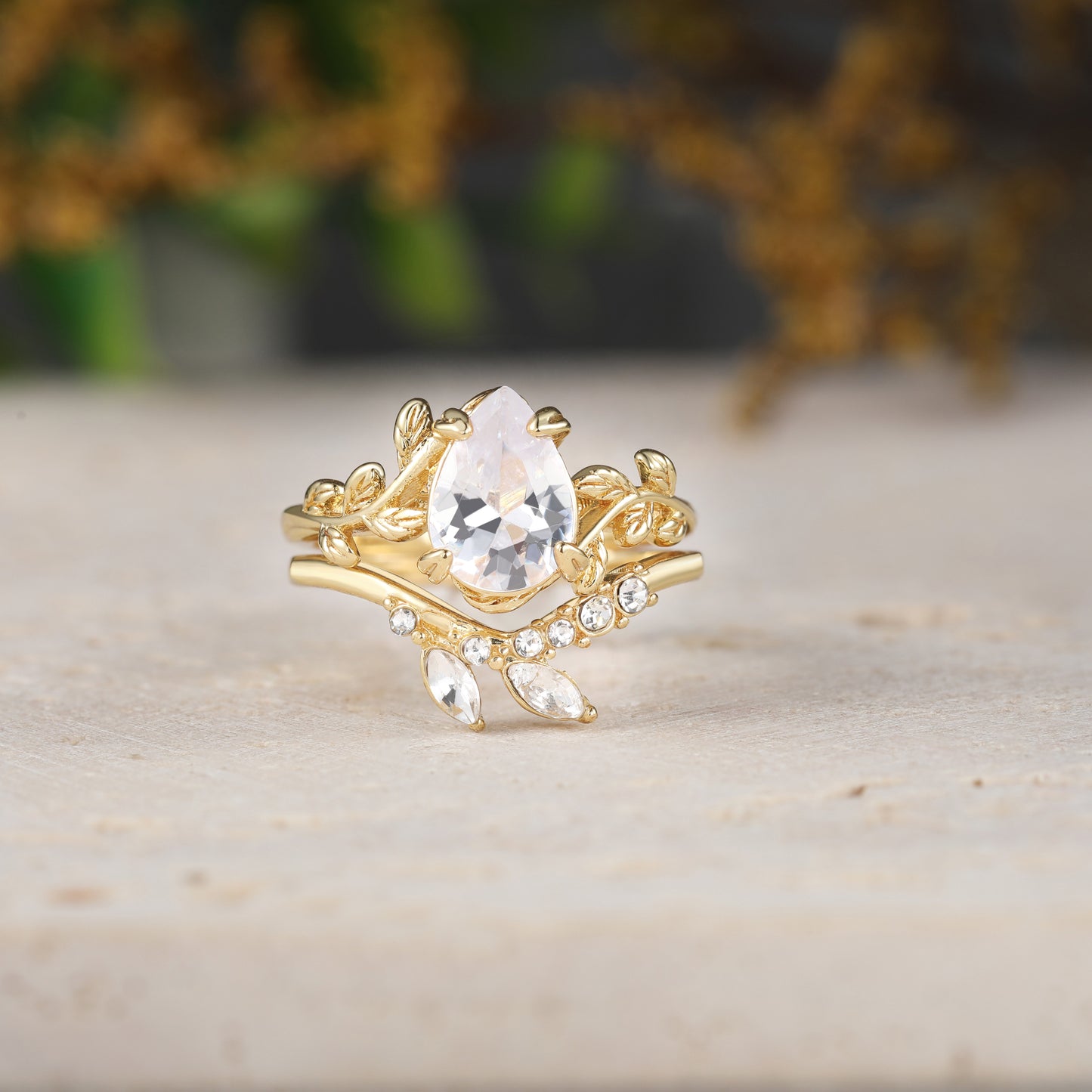 Pear Cut Moissanite Engagement Ring Sets with Leaf