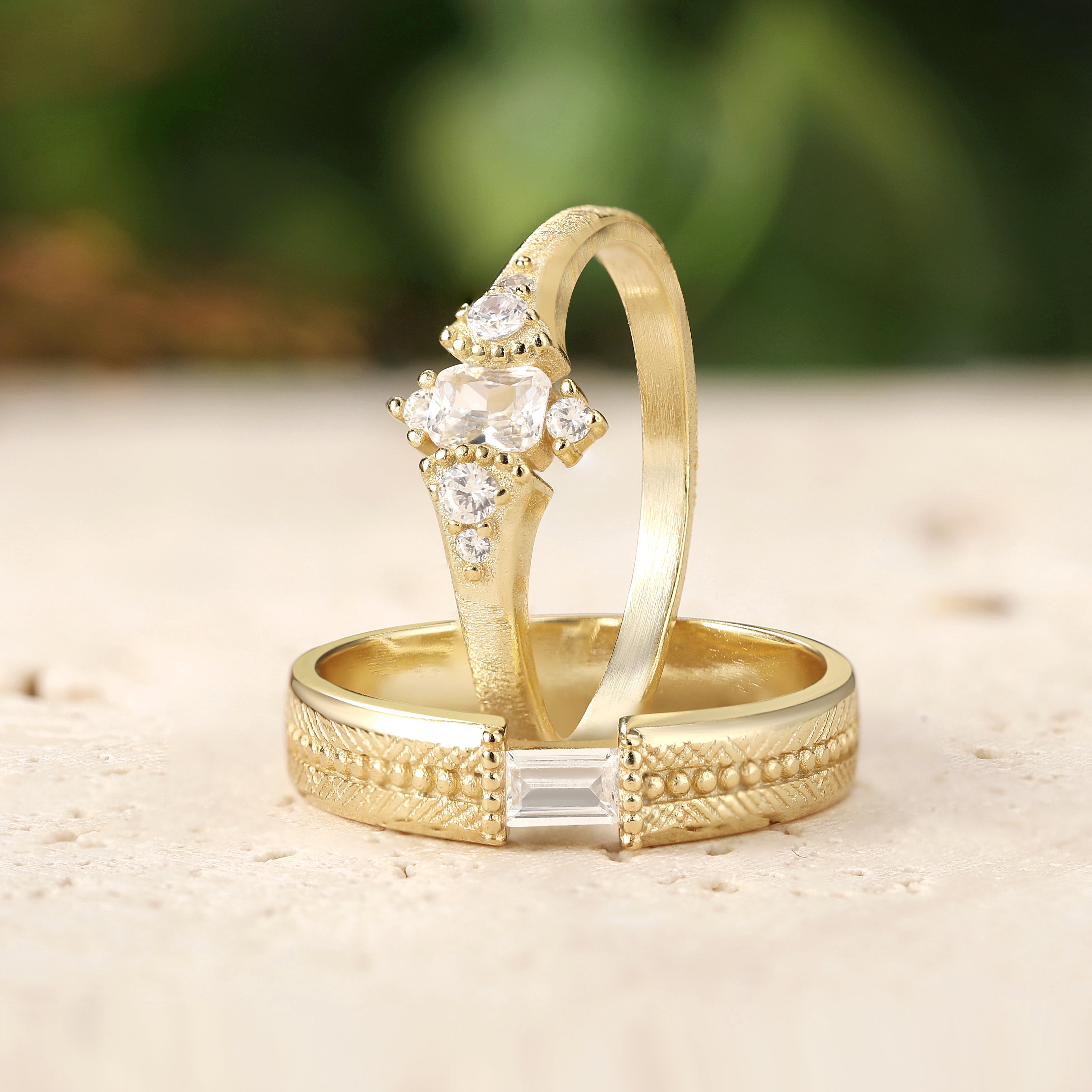 Vintag-Inspired Moissanite Brushed Finish Couple Rings