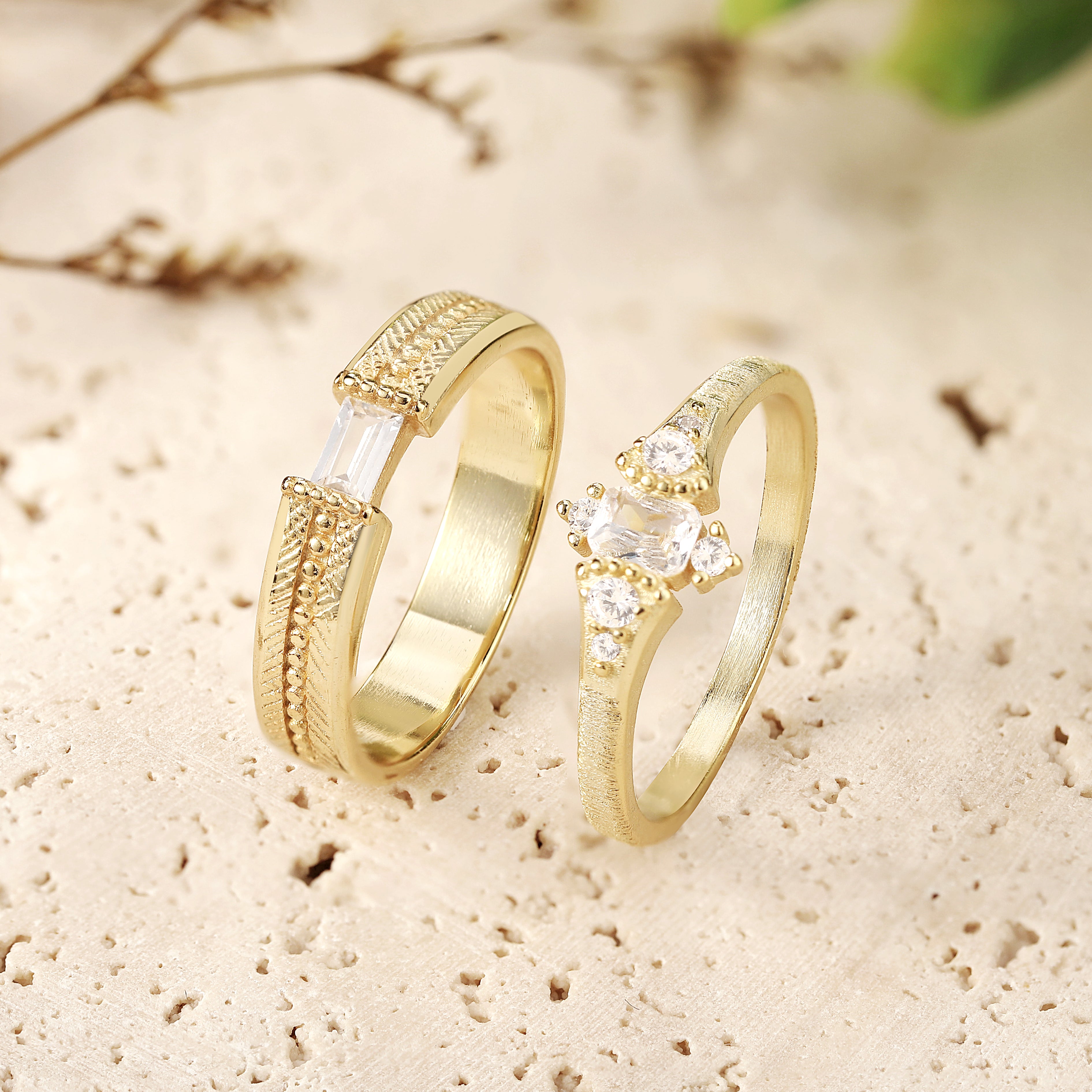 Vintag-Inspired Moissanite Brushed Finish Couple Rings