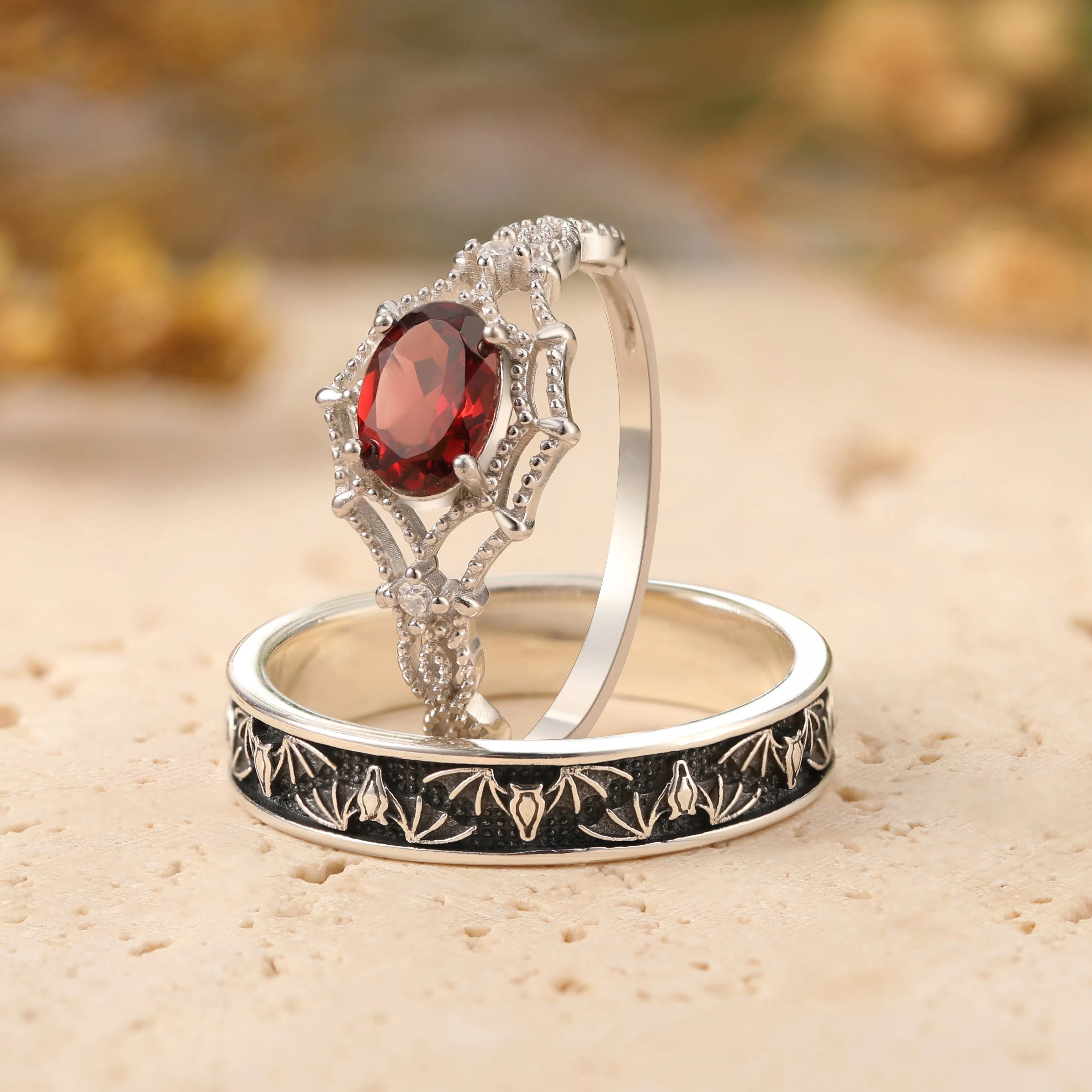 Bat-Inspired Men’s Ring & Spiderweb-Inspired Engagement Ring for Women