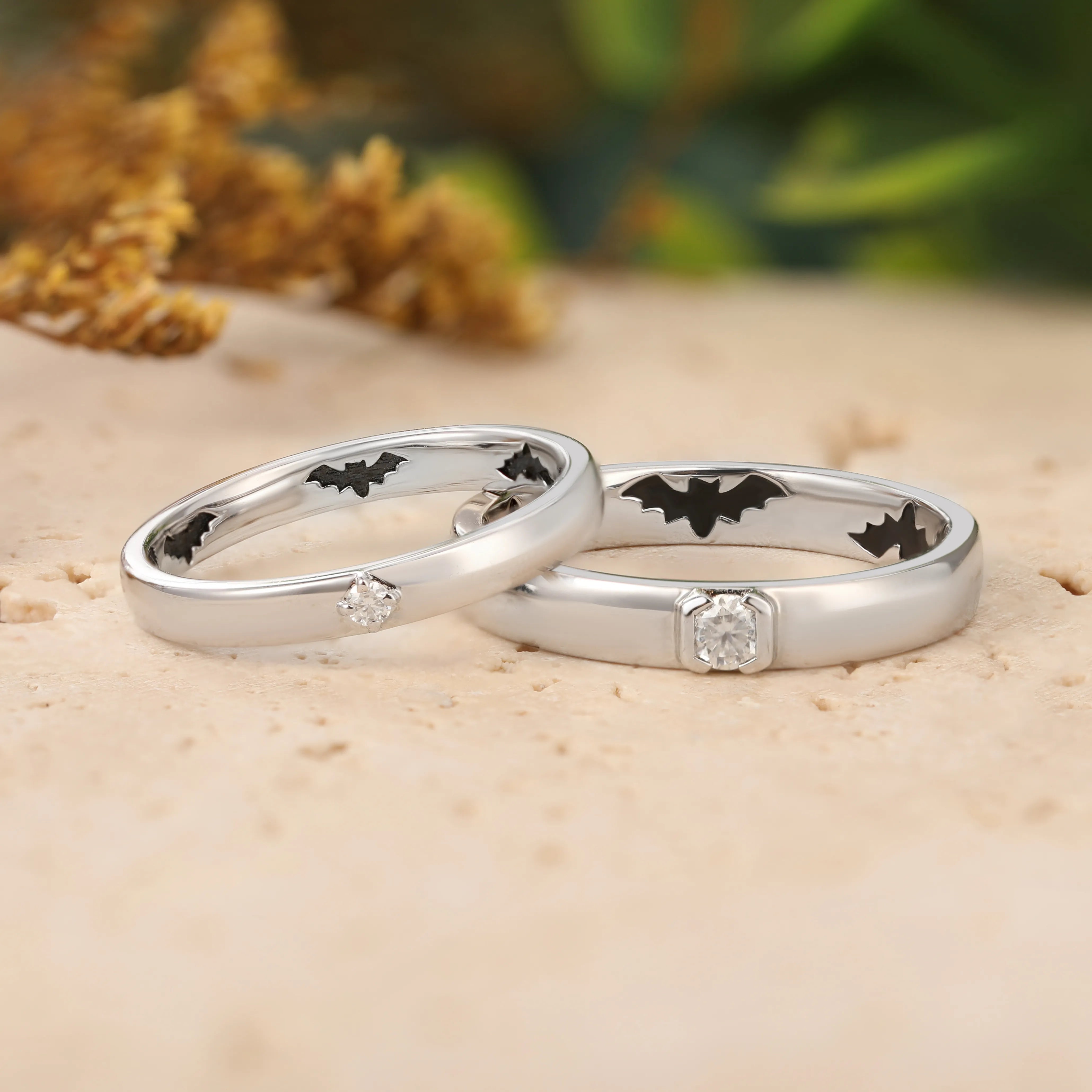 Hidden Bat Engraved Couple Rings – Subtle Gothic Design