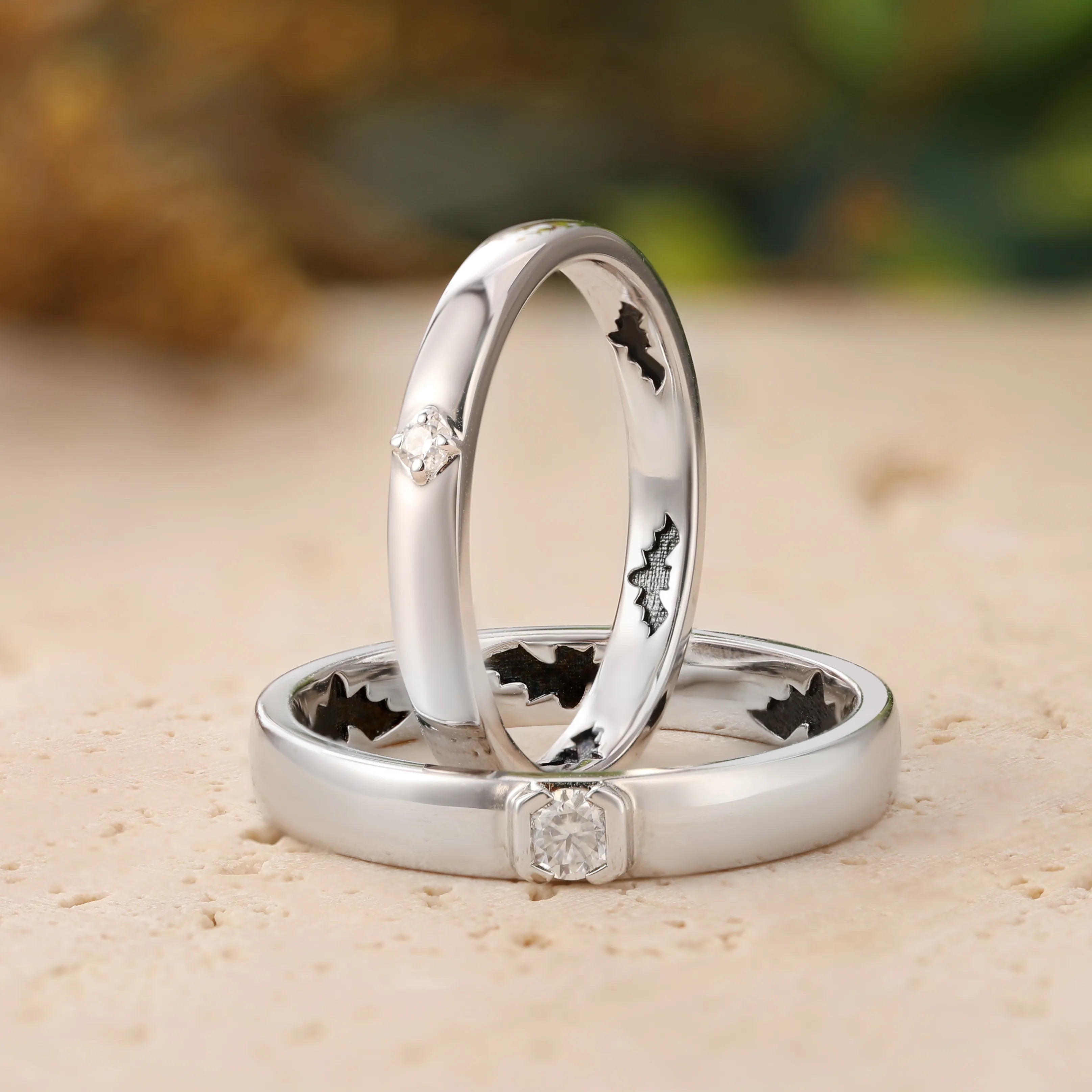 Hidden Bat Engraved Couple Rings – Subtle Gothic Design