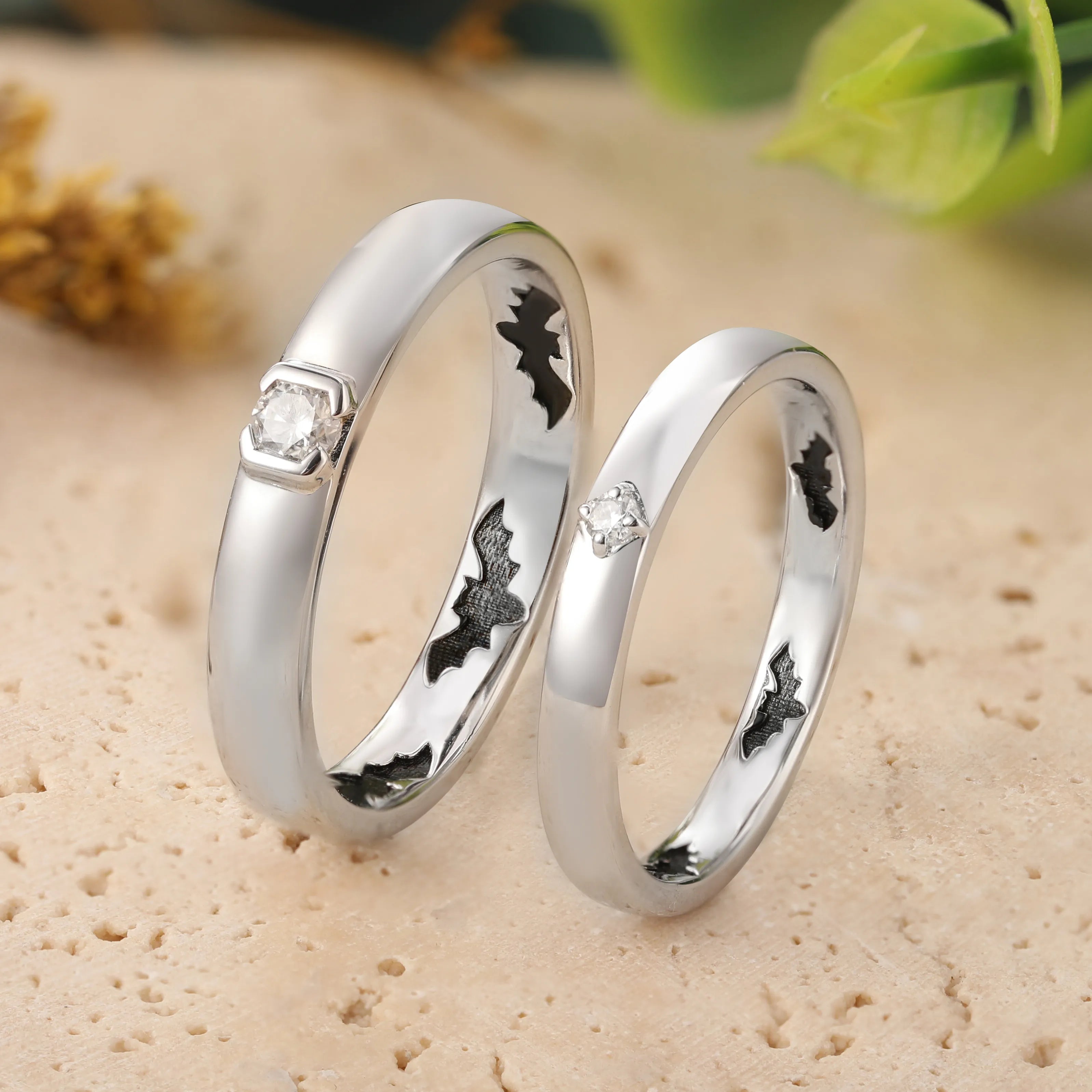 Hidden Bat Engraved Couple Rings – Subtle Gothic Design