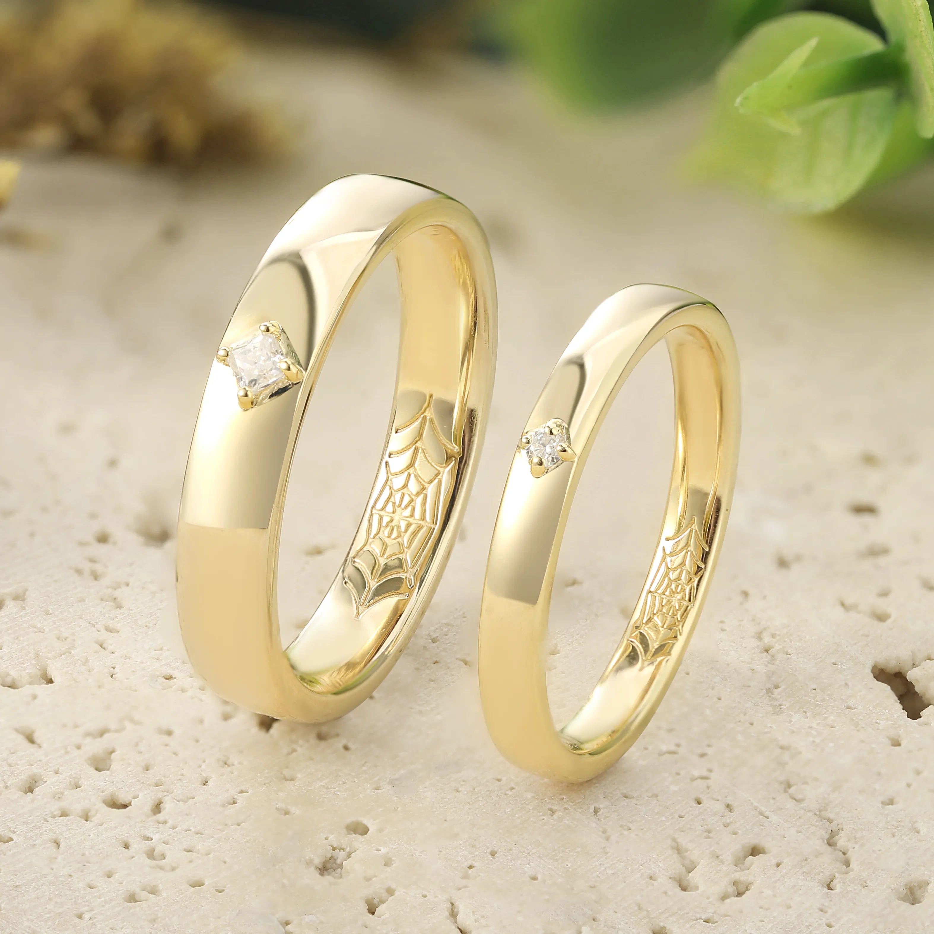 Gothic Style Wedding Bands with Internal Spiderweb Couple Rings