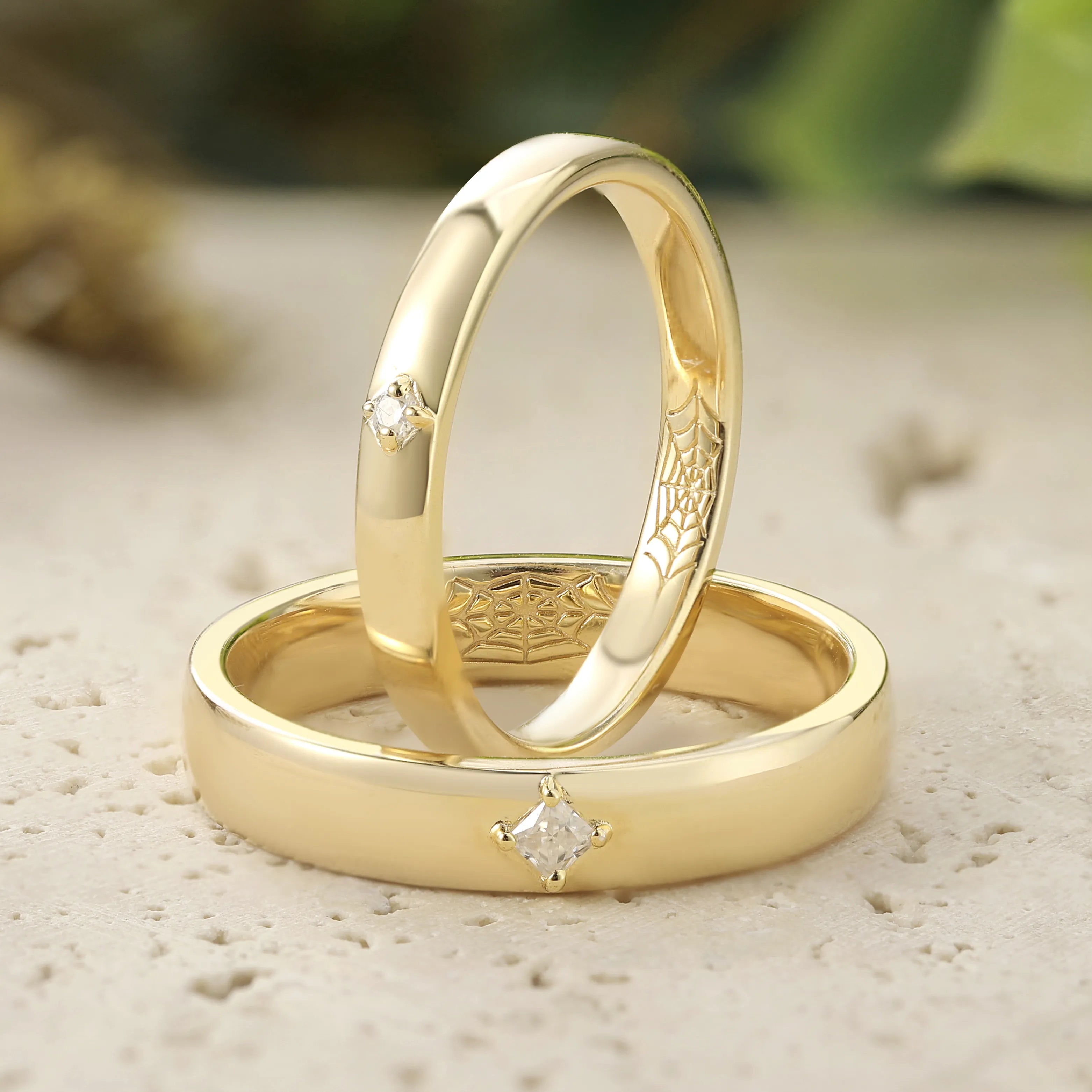 Gothic Style Wedding Bands with Internal Spiderweb Couple Rings