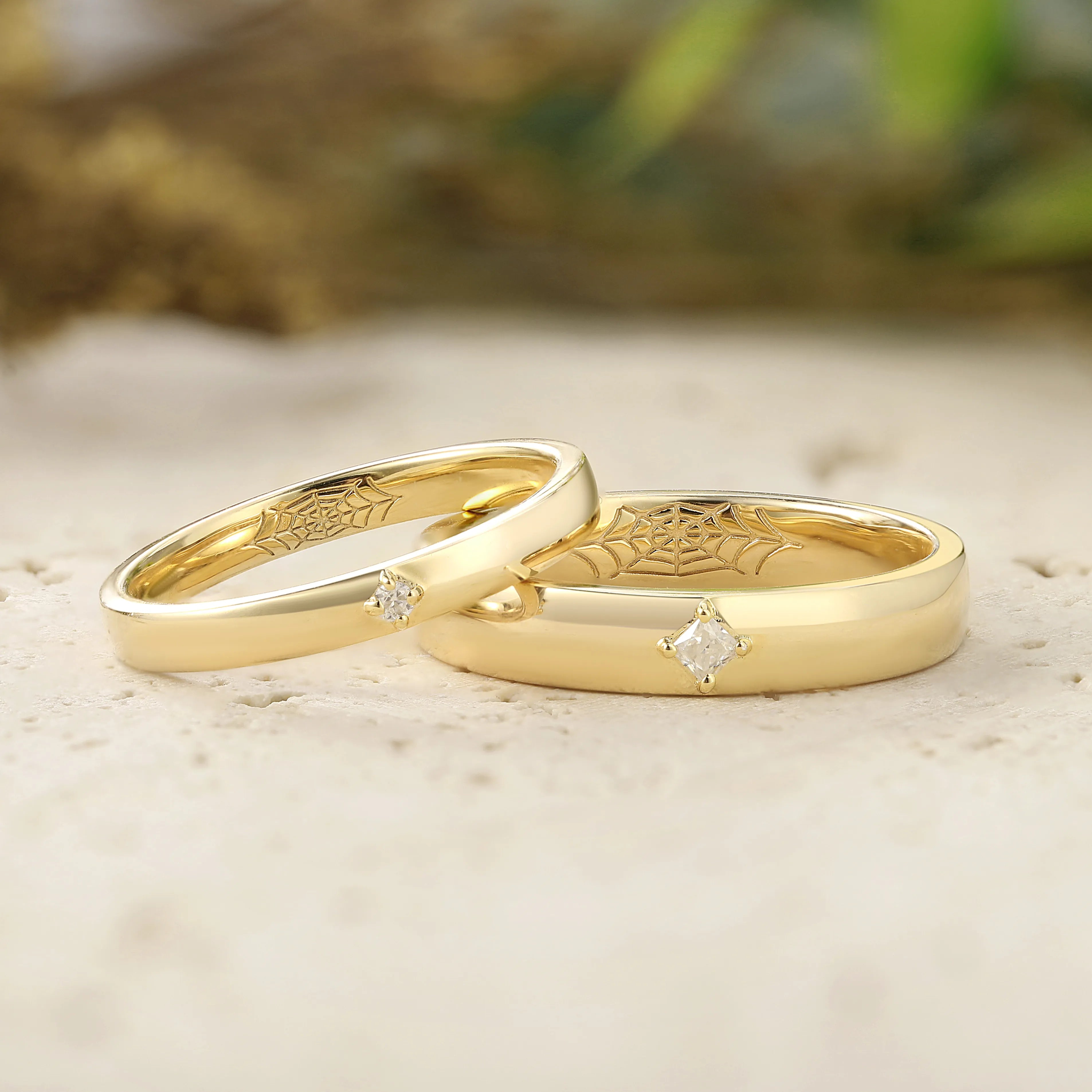 Gothic Style Wedding Bands with Internal Spiderweb Couple Rings