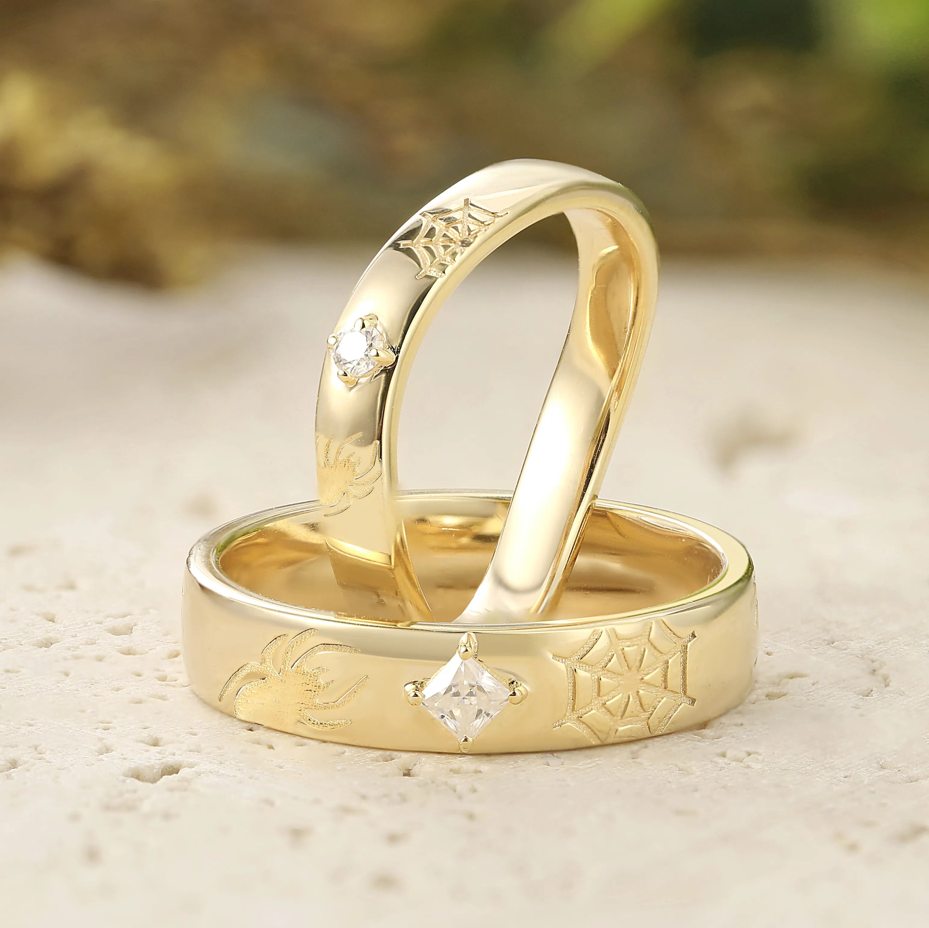 Gothic Spider & Spiderweb Engraved Couple Rings