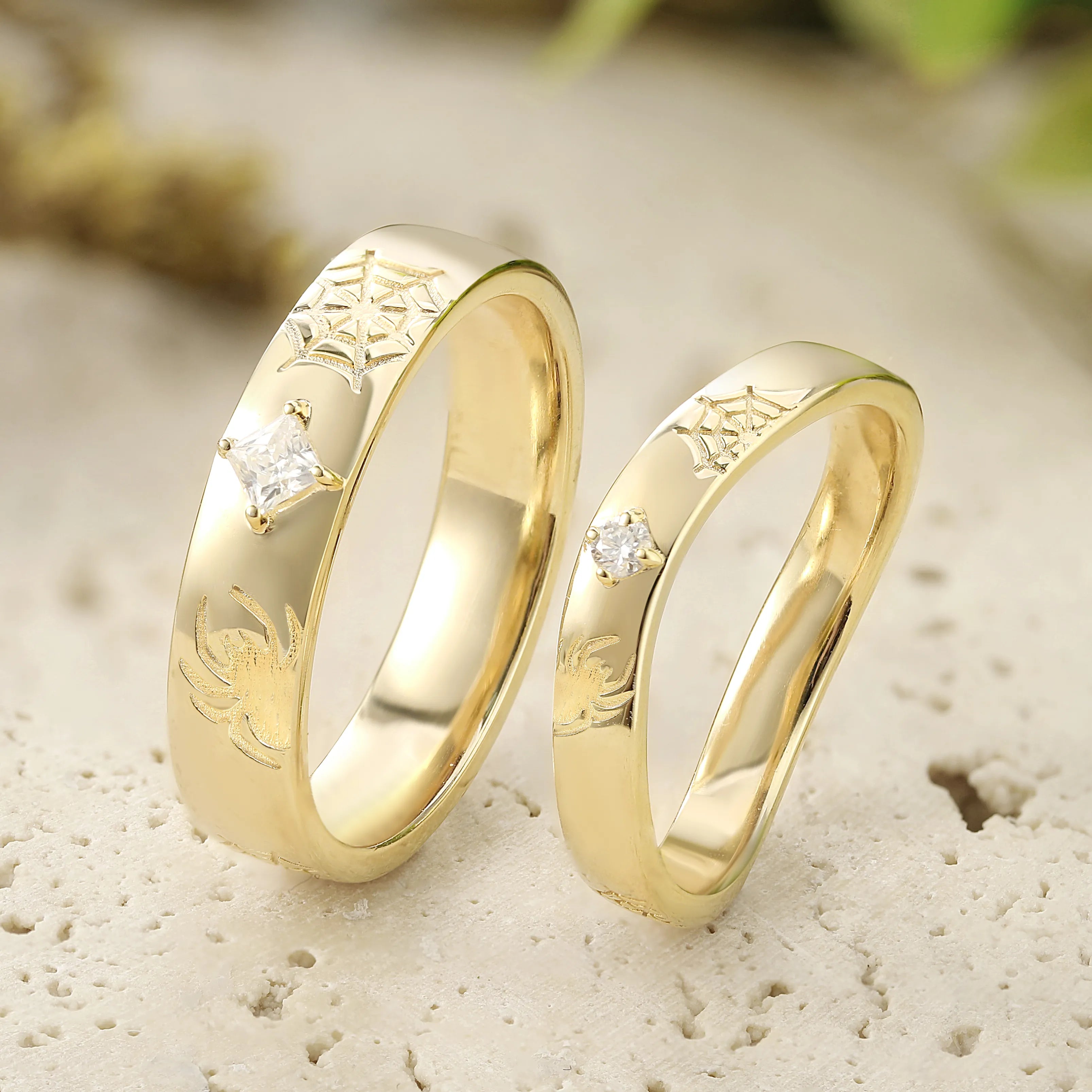 Gothic Spider & Spiderweb Engraved Couple Rings