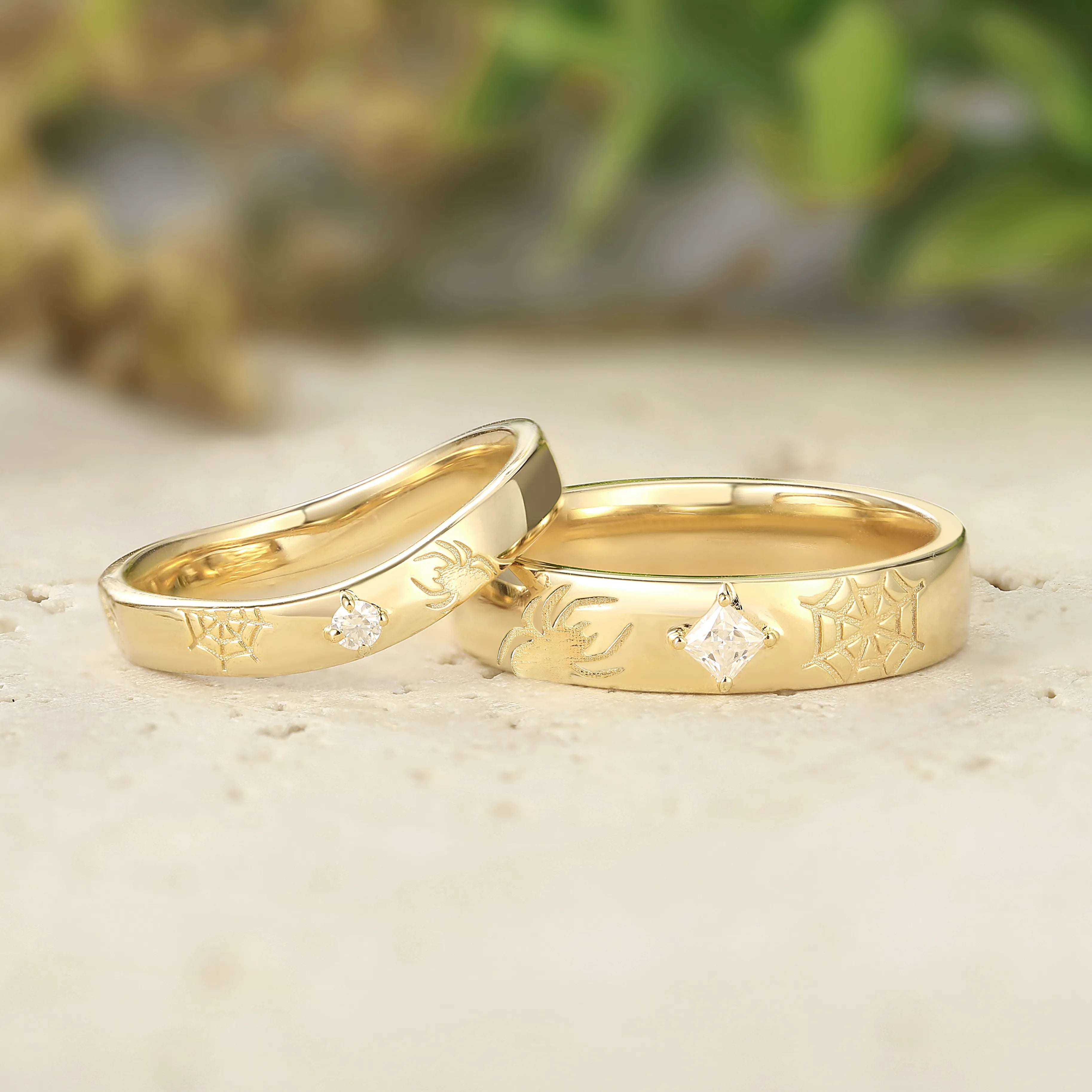 Gothic Spider & Spiderweb Engraved Couple Rings