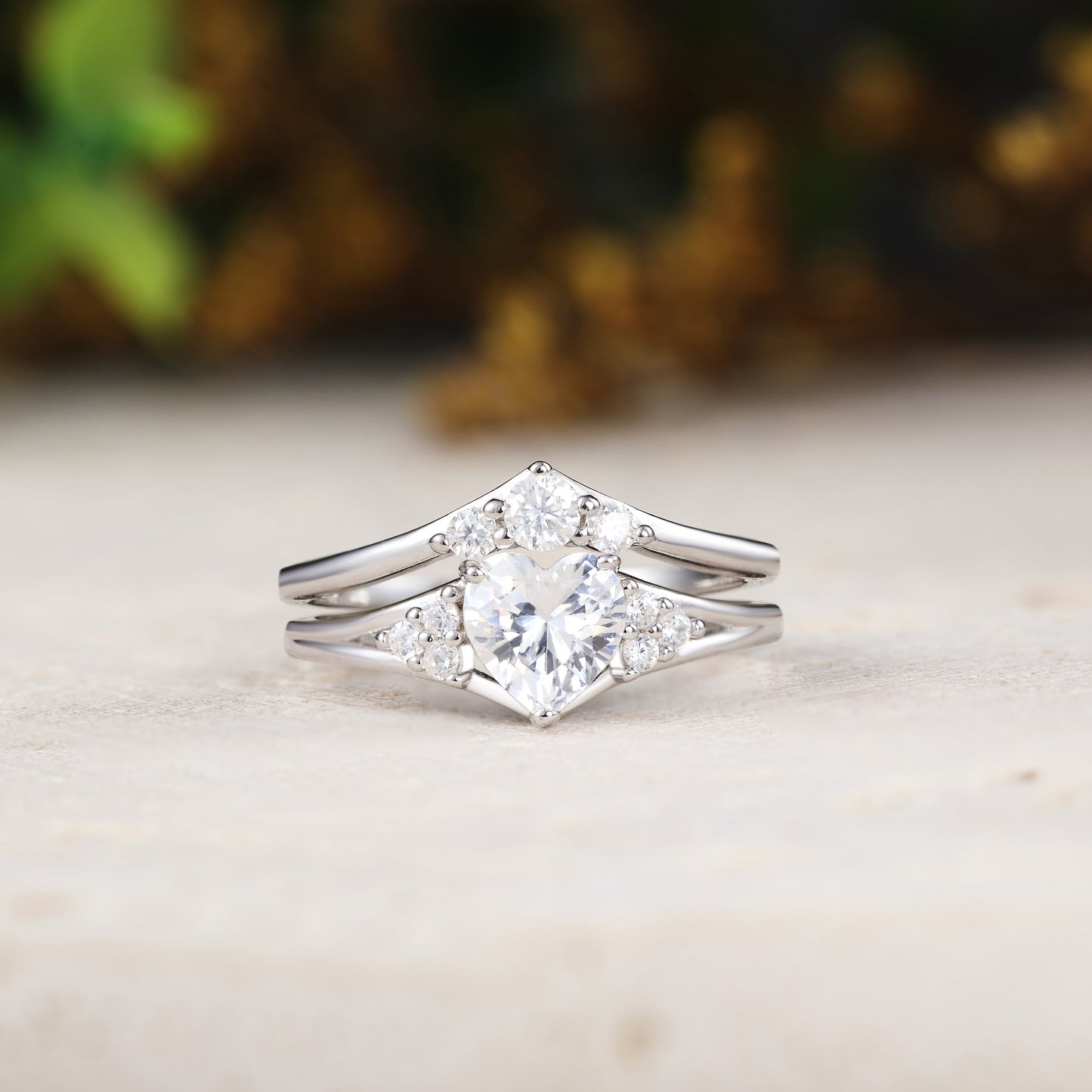 Heart Shaped Moissanite Engagement Ring with Curved Wedding Band 2pcs