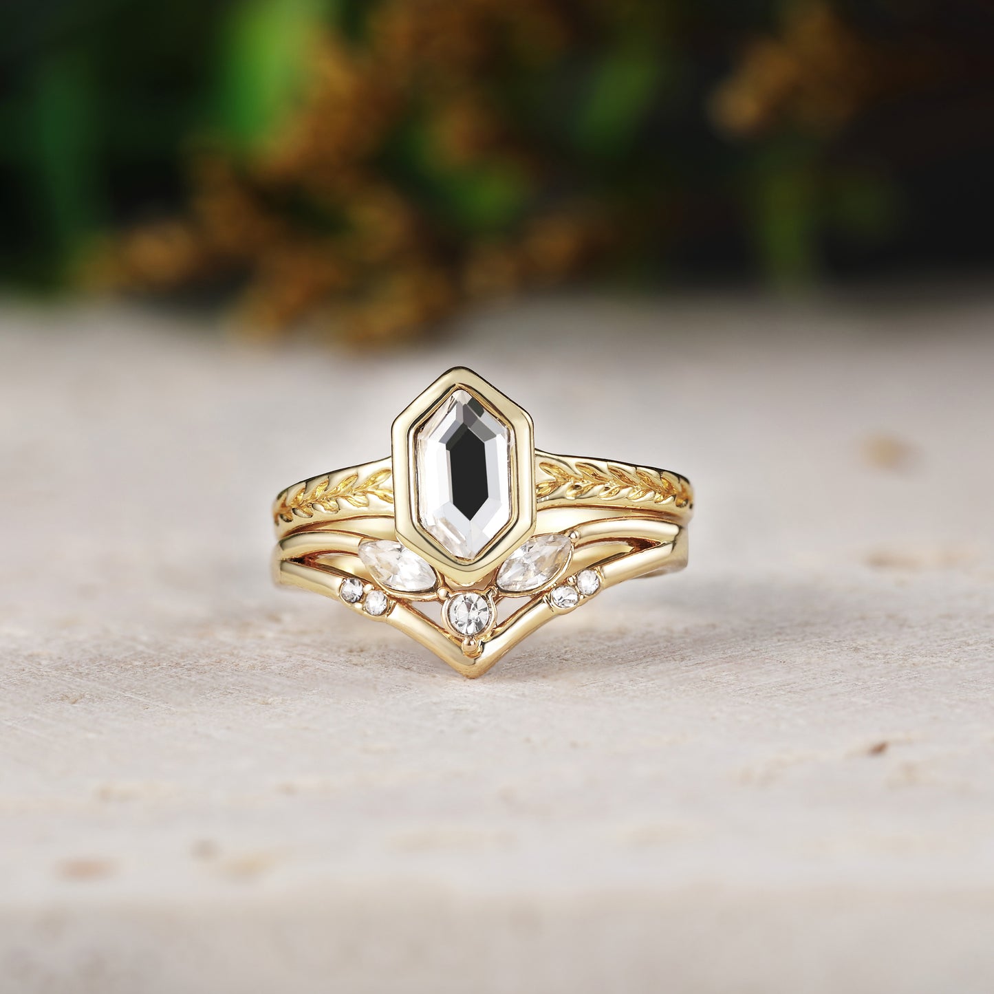 Long Hexagon Moissanite Engagement Ring Sets with Leaf 2pcs Bridal Set