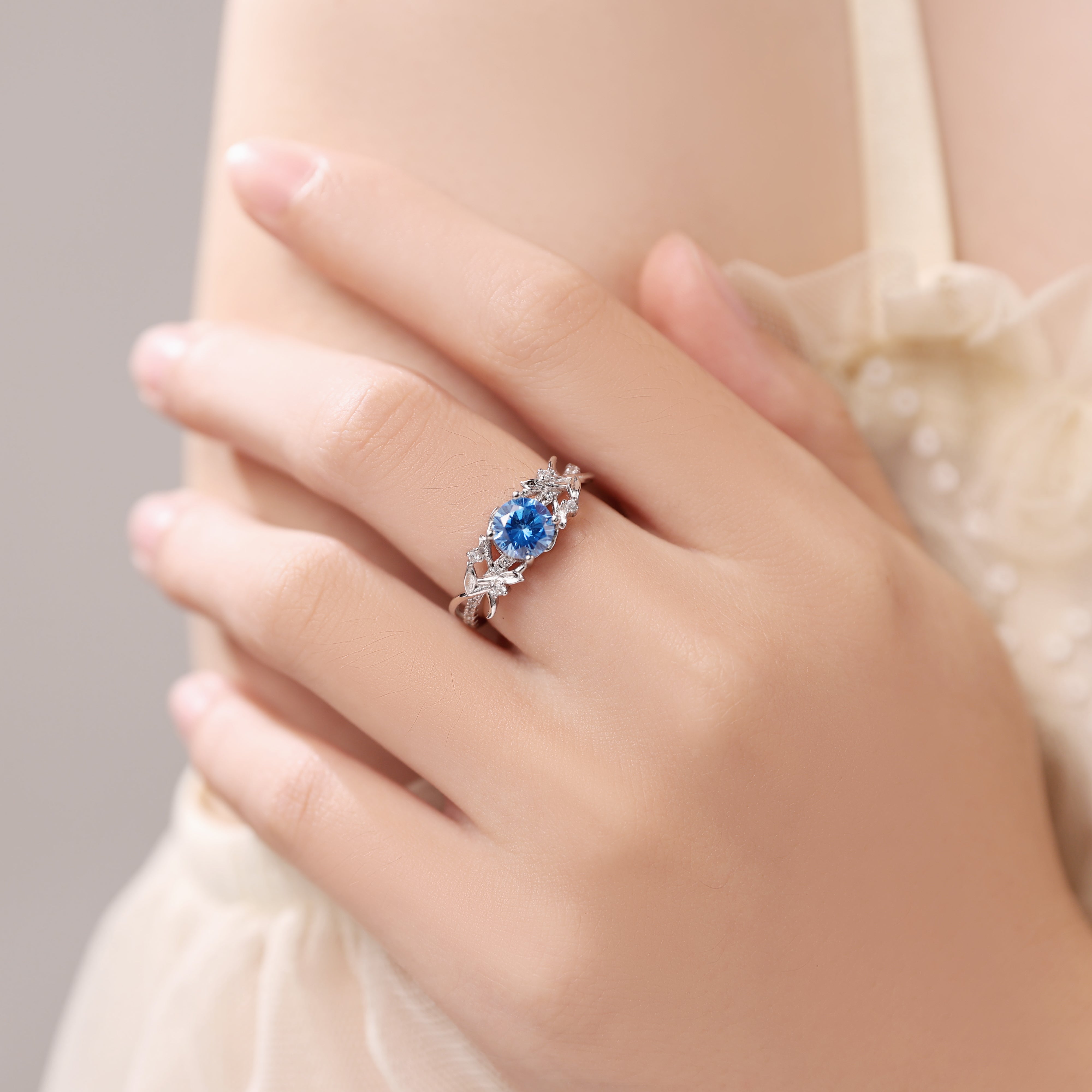 Round Cut Aquamarine Engagement Ring with Leaf