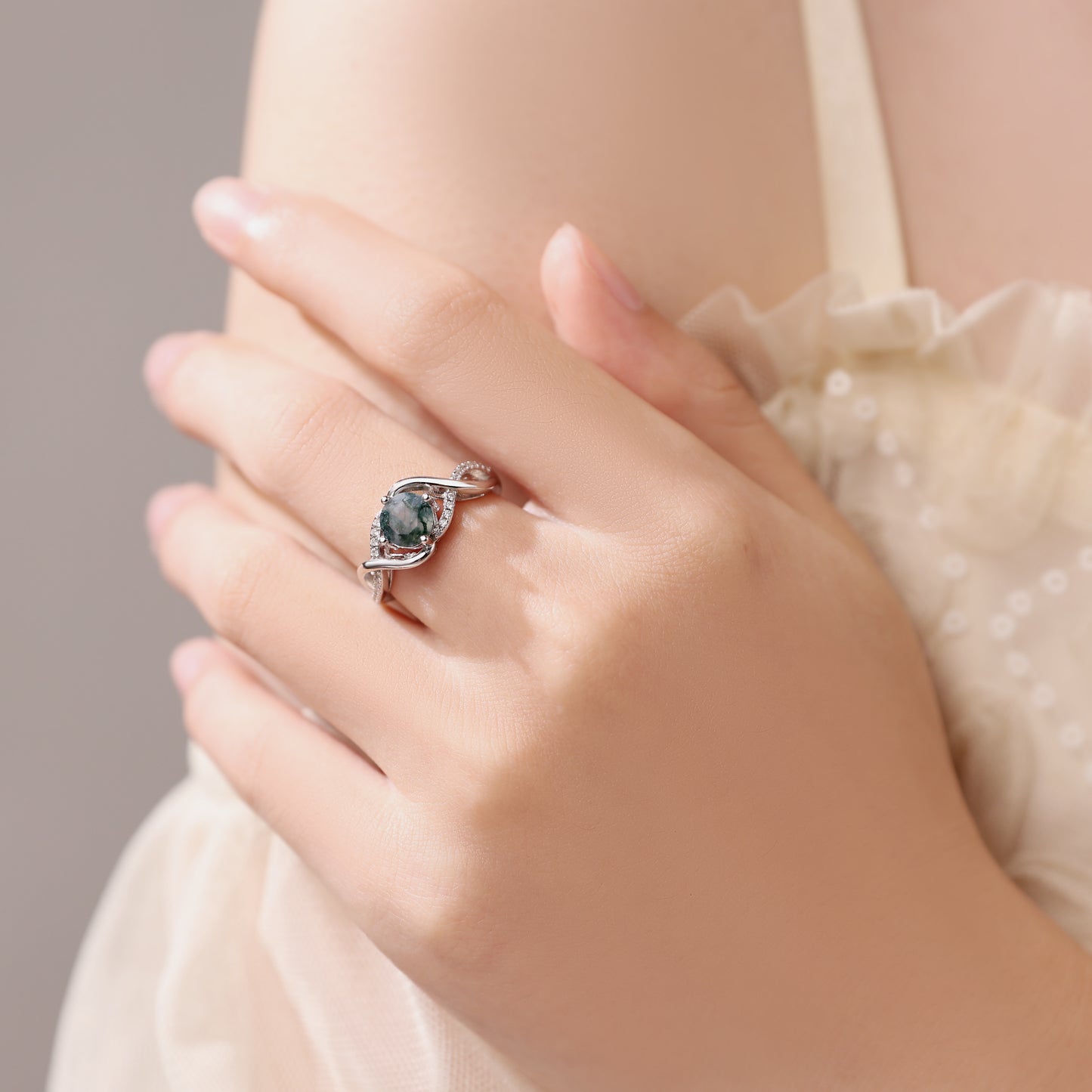 Round Cut Natural Moss Agate Engagement Ring With Cross Moissaite Cluster