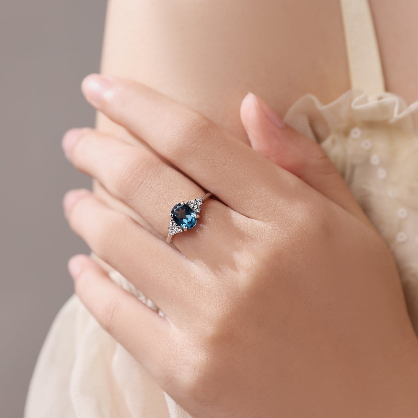 Oval Natural Topaz Engagement Ring with Moissanite Cluster