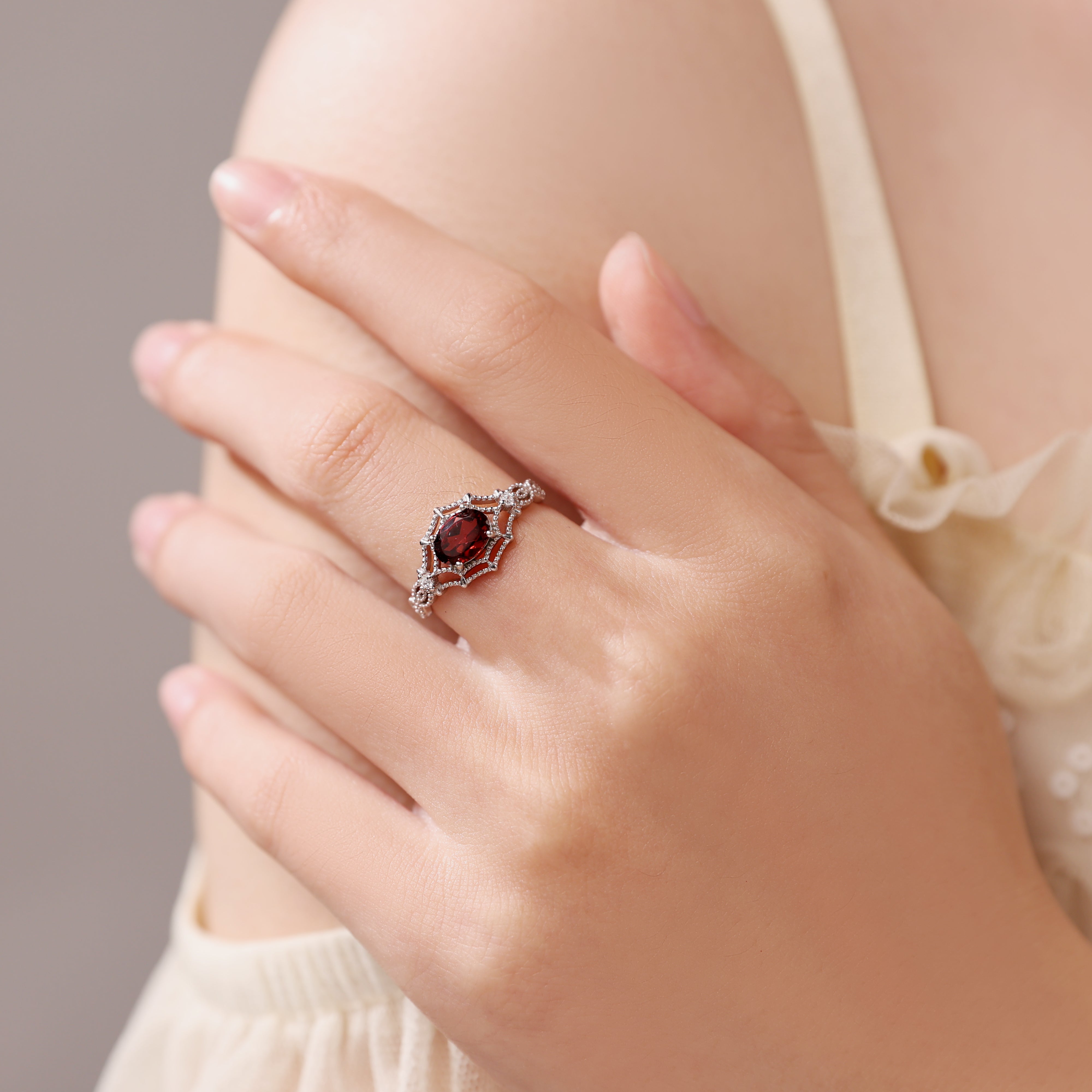 Oval Lab Ruby Vintage Beaded Spiderweb Engagement Ring