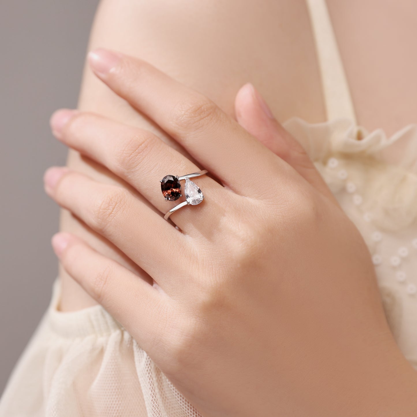 Forevermore - Pear Cut Moissanite & Oval Cut Lab Ruby Toi et Moi Engagement Ring