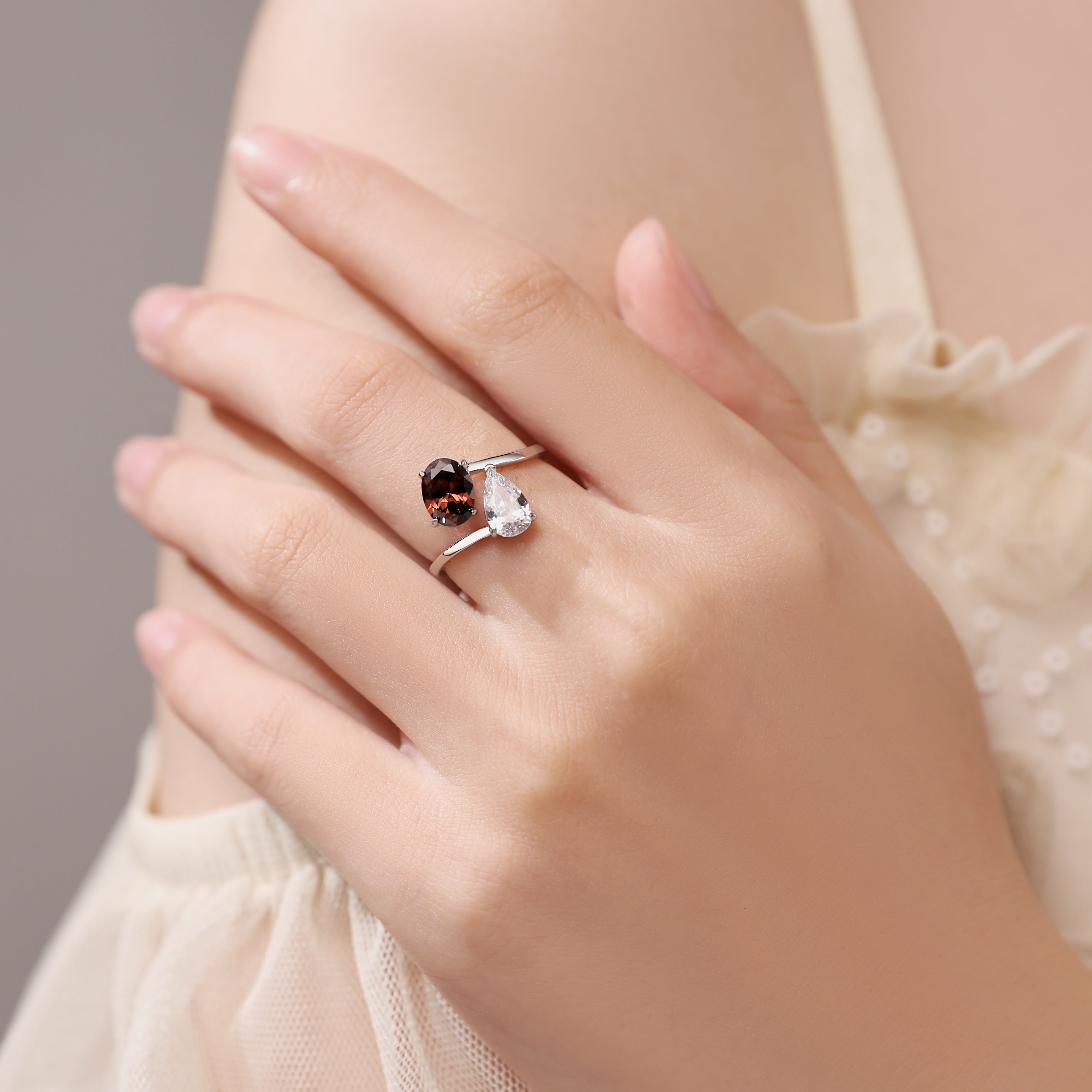 Forevermore - Pear Cut Moissanite & Oval Cut Lab Ruby Toi et Moi Engagement Ring
