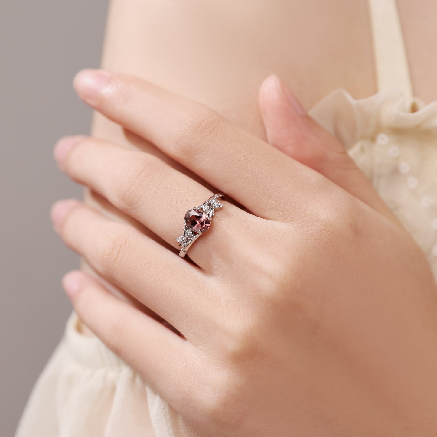 Oval Lab Ruby Engagement Ring with Vintage Beaded & Branches