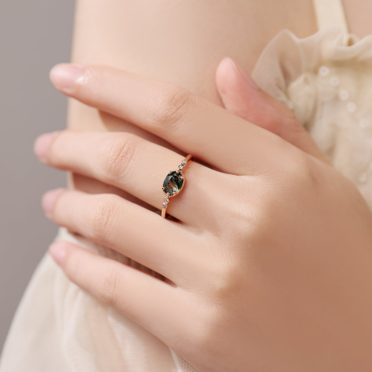 Verdelia - Oval Moss Agate Vintage Milgrain Engagement Ring