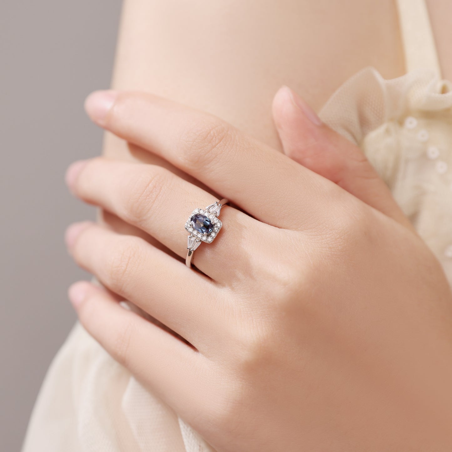 Oval Cut Alexandrite Engagement Ring with Moissanite Halo