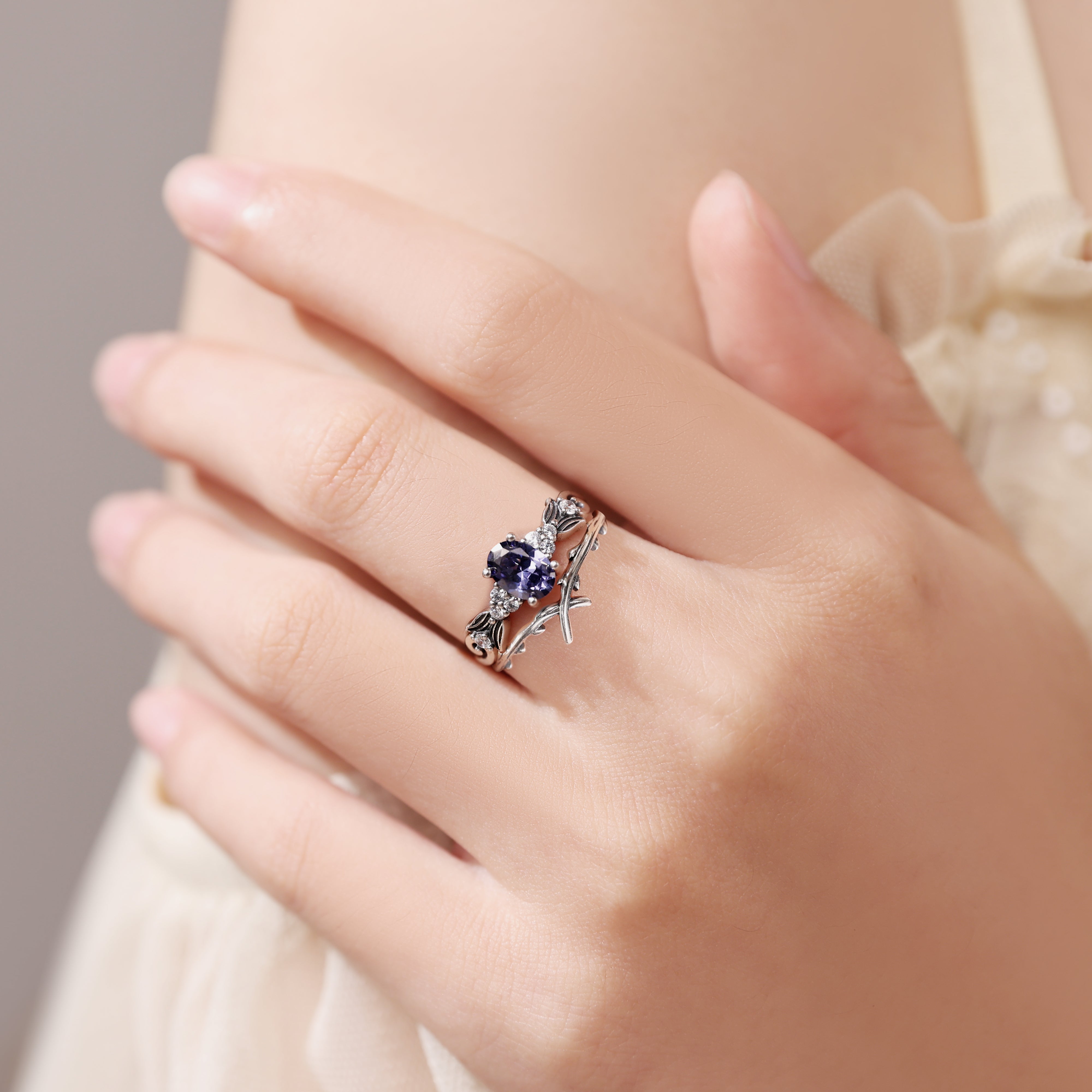 Oval Tanzanite Engagement Ring with Chevron Stacking Band 2pcs