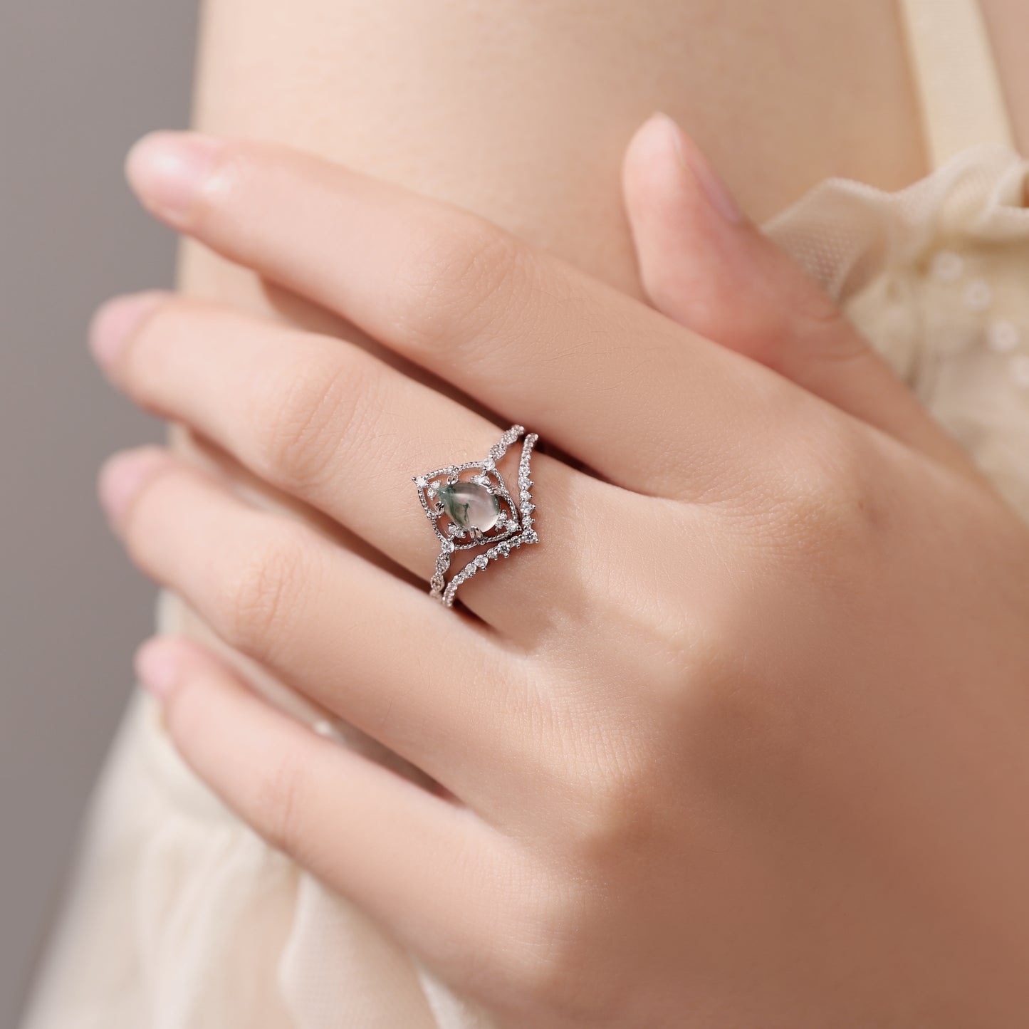 Pear Moss Agate Vintage Engagement Ring with Moissanite Stacking Band 2pcs