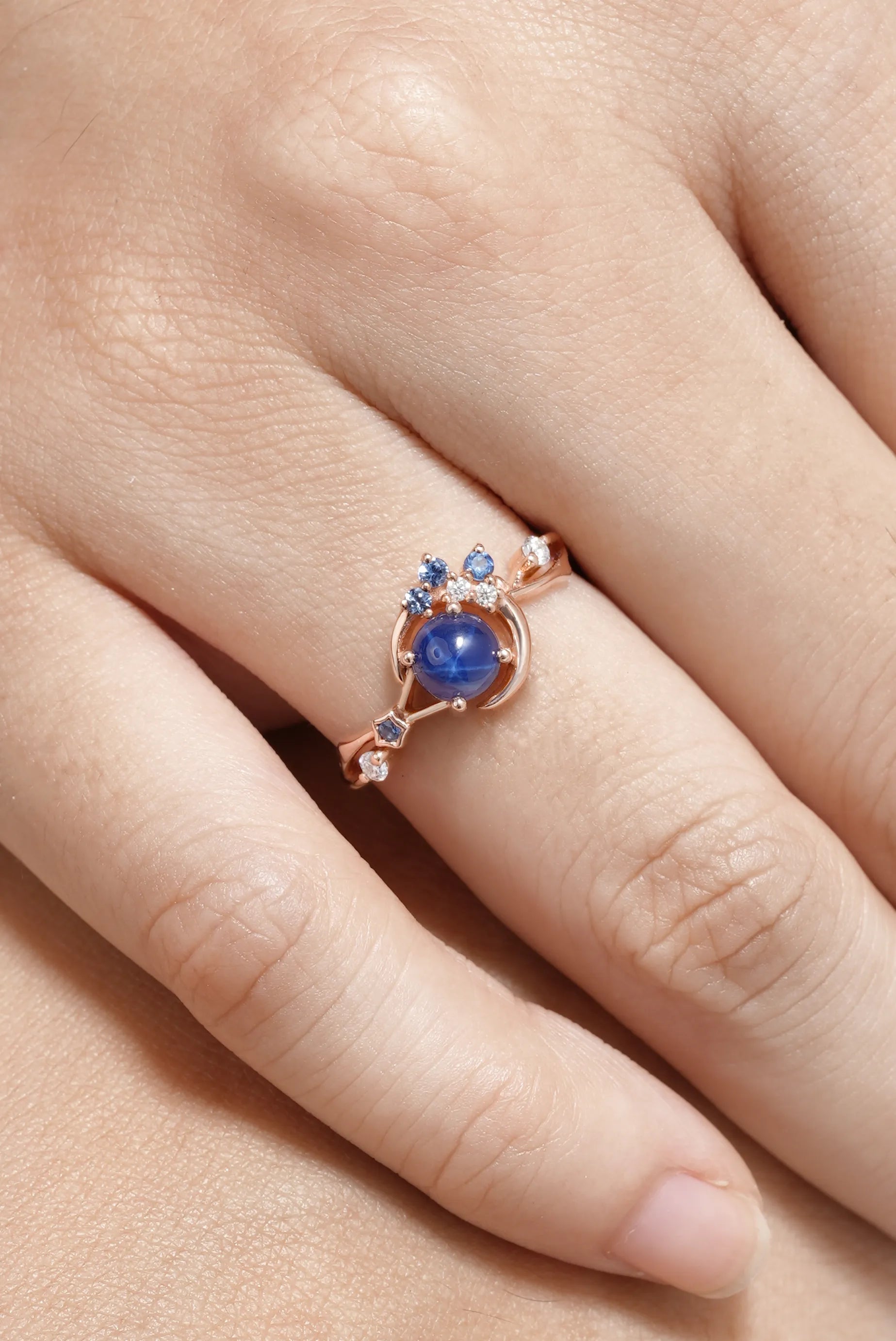 Unique Star Sapphire Engagement Ring with Star & Moon