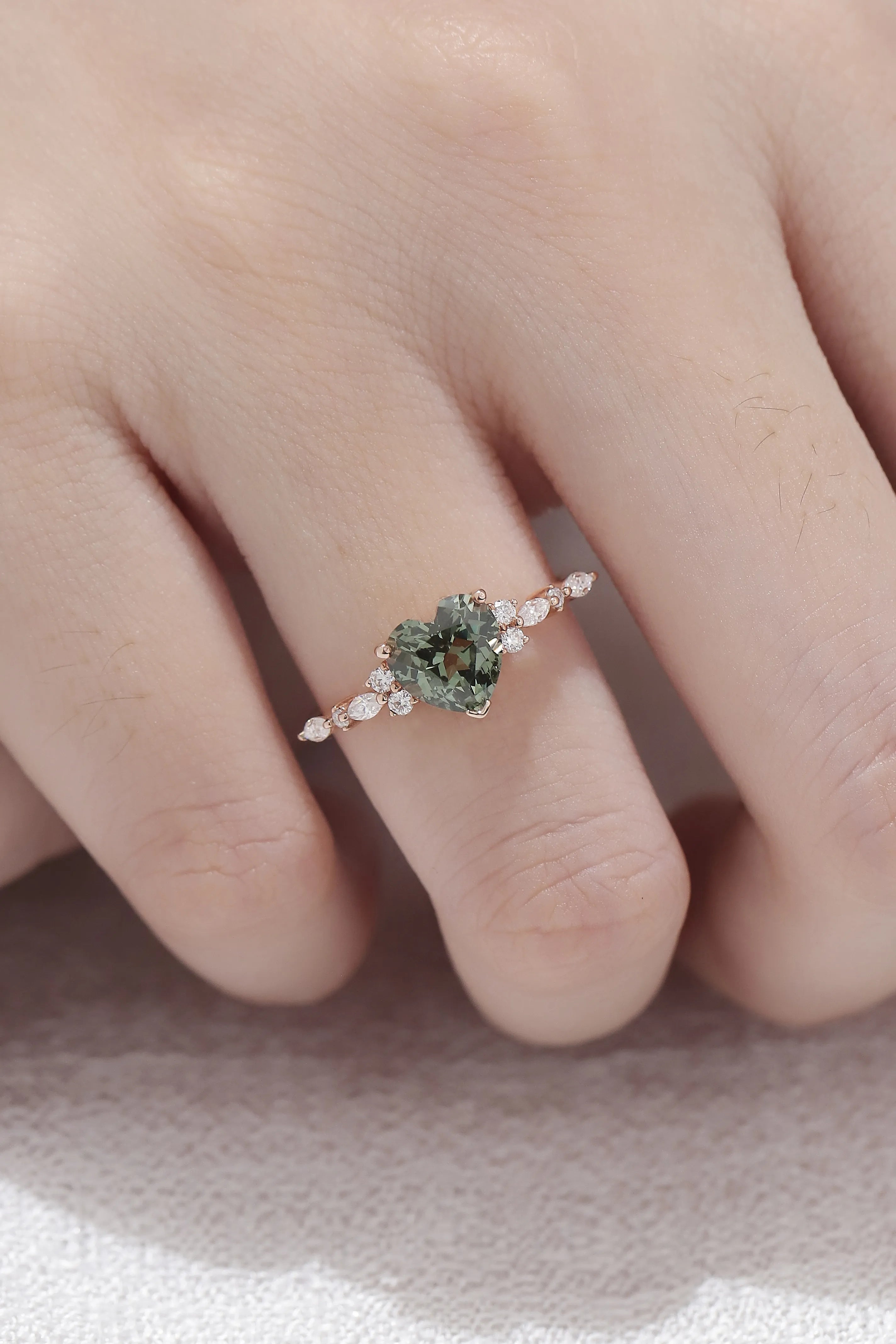 Heart Cut Green Sapphire Engagement Ring with Moissanite Cluster
