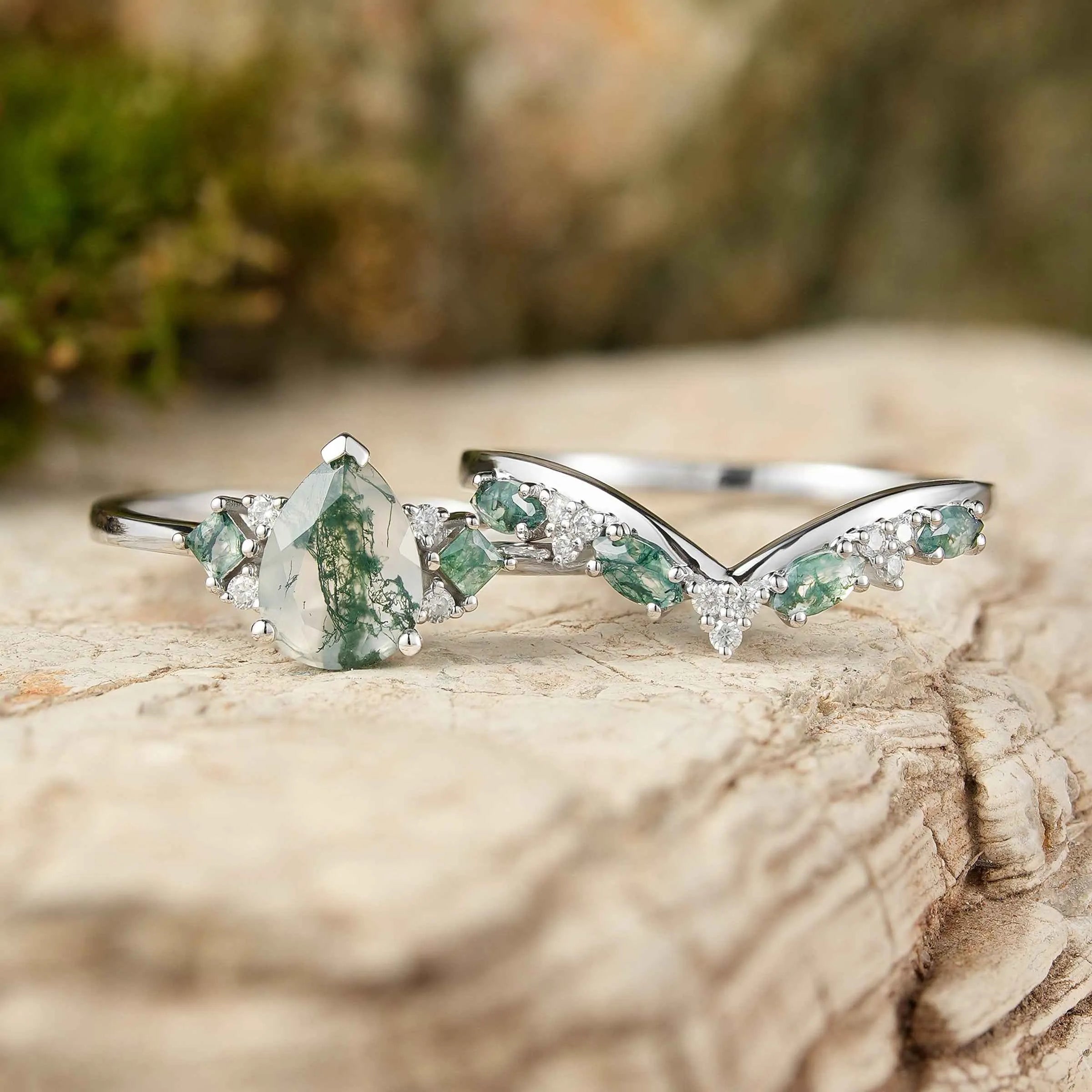 Pear Cut Moss Agate Wedding Ring Sets 2pcs