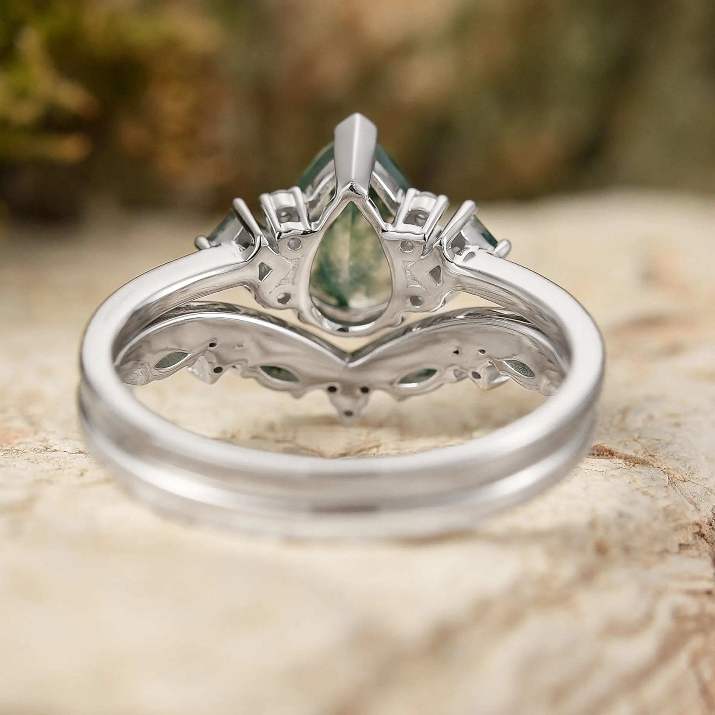 Pear Cut Moss Agate Wedding Ring Sets 2pcs