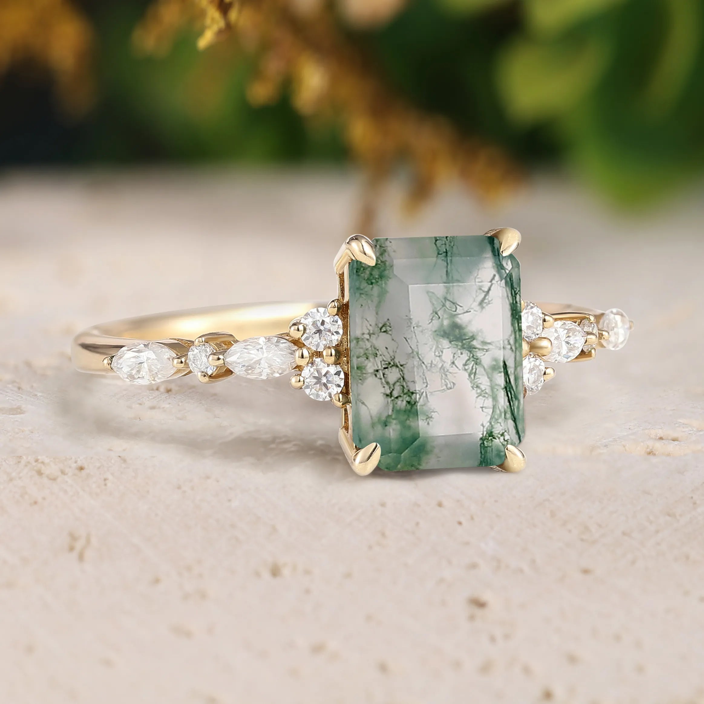 Emerald Cut Moss Agate Promise Ring with Moissanite