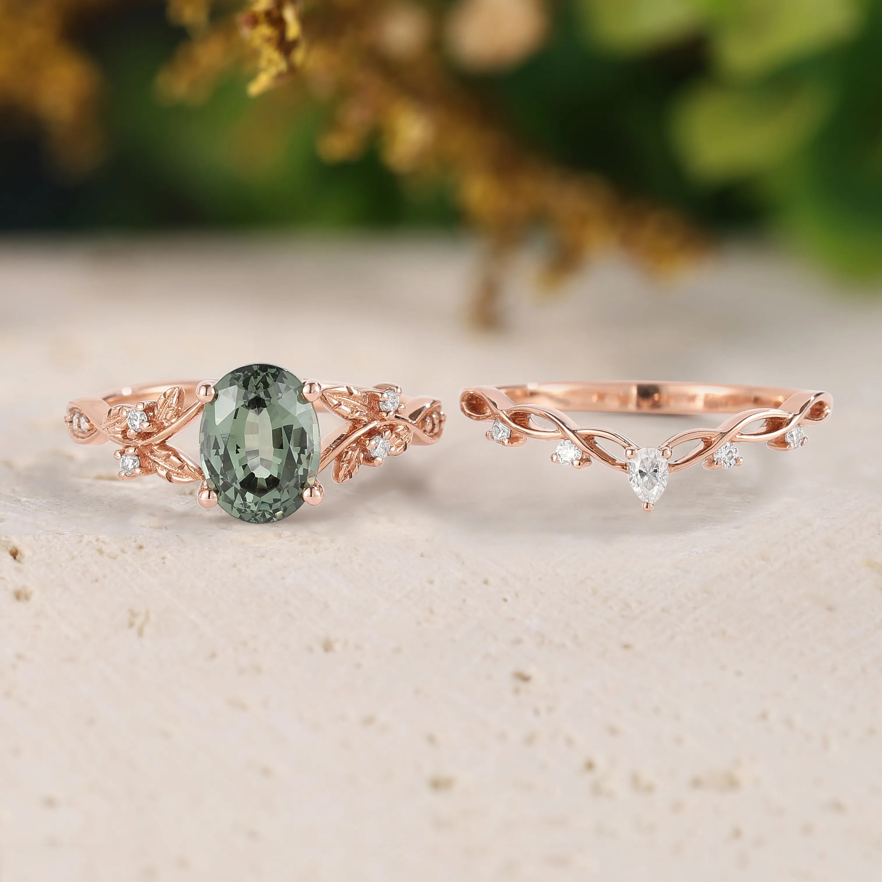 Oval Green Sapphire Leaf Engagement Ring with Chevron Wedding Band