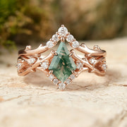 Kite Cut Moss Agate Ring Sets 2pcs with Thorns