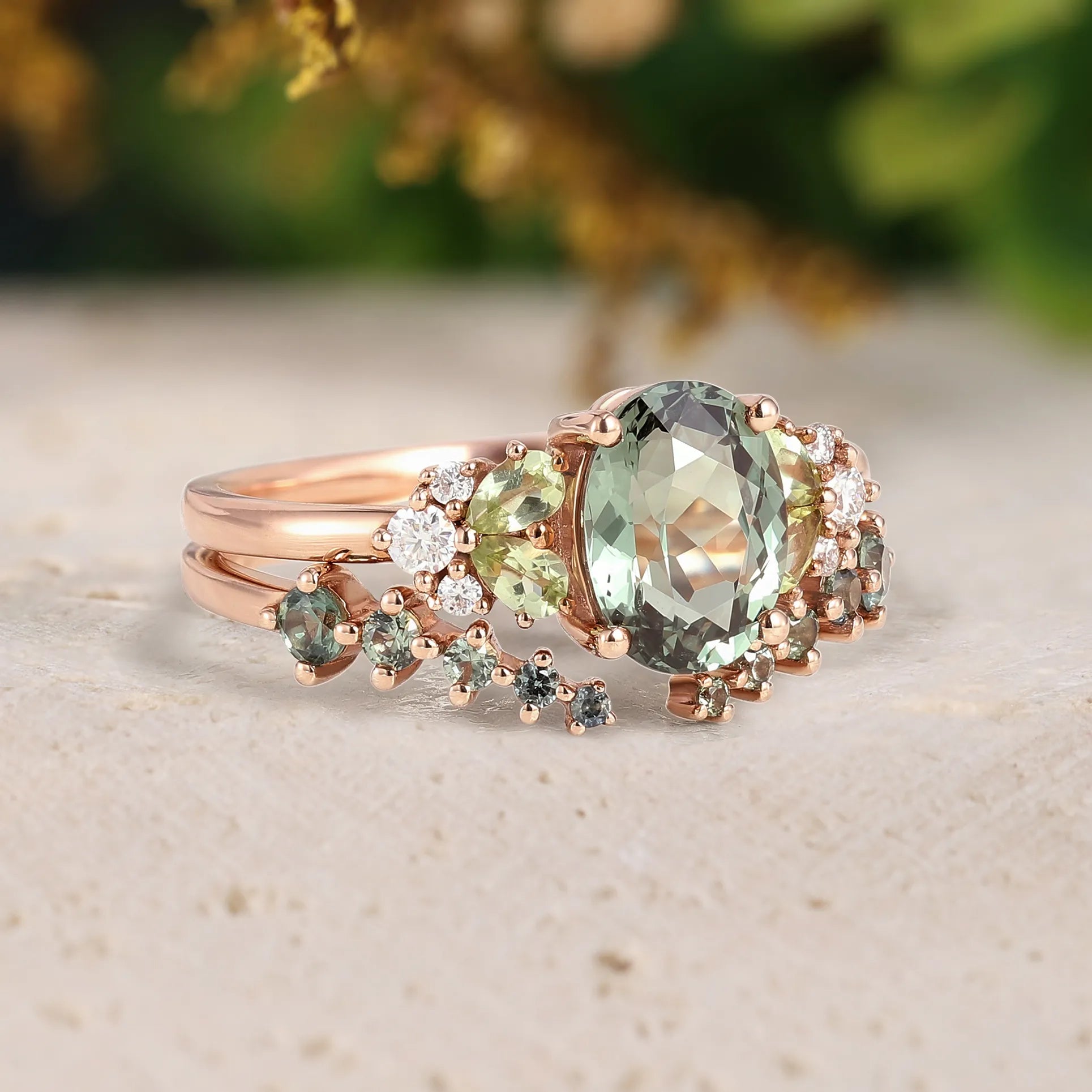 Oval Green Sapphire Vintage Engagement Ring Sets 2pcs