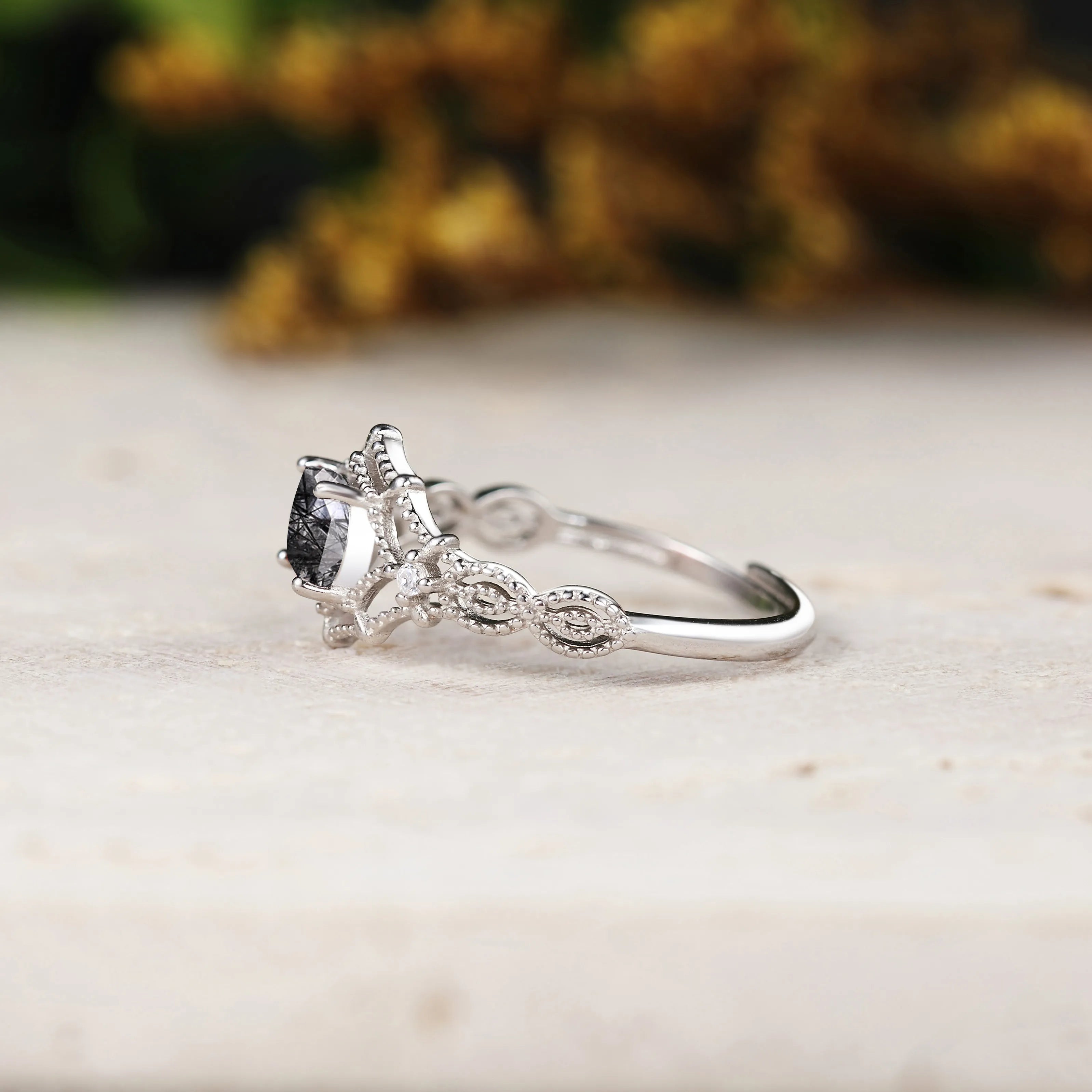 Oval Black Rutilated Quartz Spiderweb Vintage Beaded  Engagement Ring