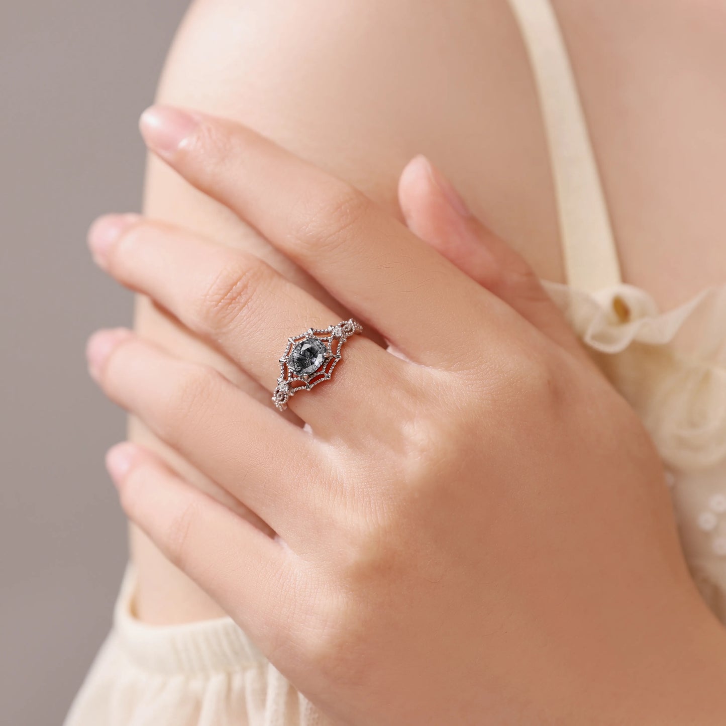 Oval Black Rutilated Quartz Spiderweb Vintage Beaded  Engagement Ring