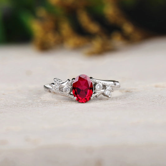 Oval Lab Ruby Engagement Ring with Vintage Beaded & Branches