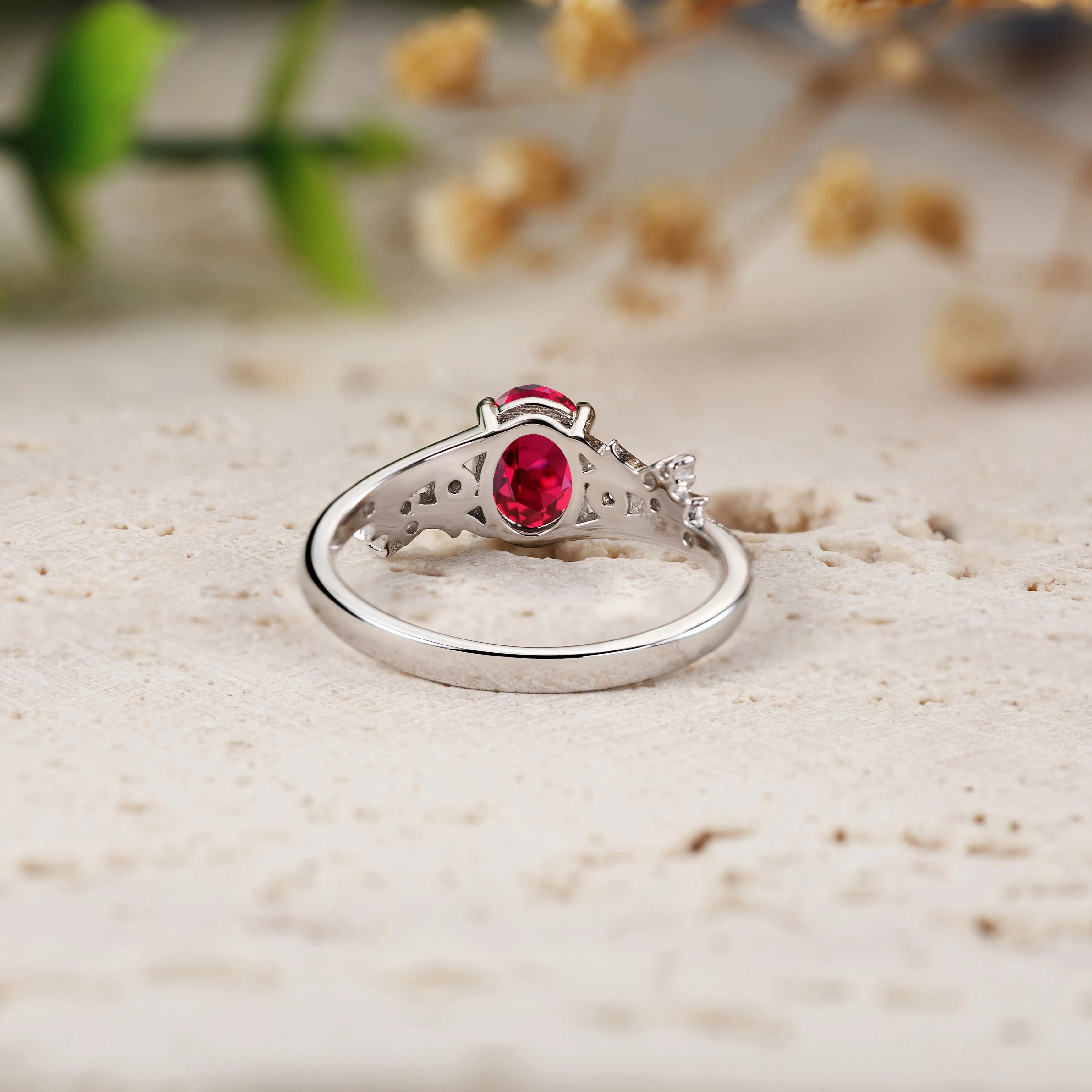 Oval Lab Ruby Engagement Ring with Vintage Beaded & Branches
