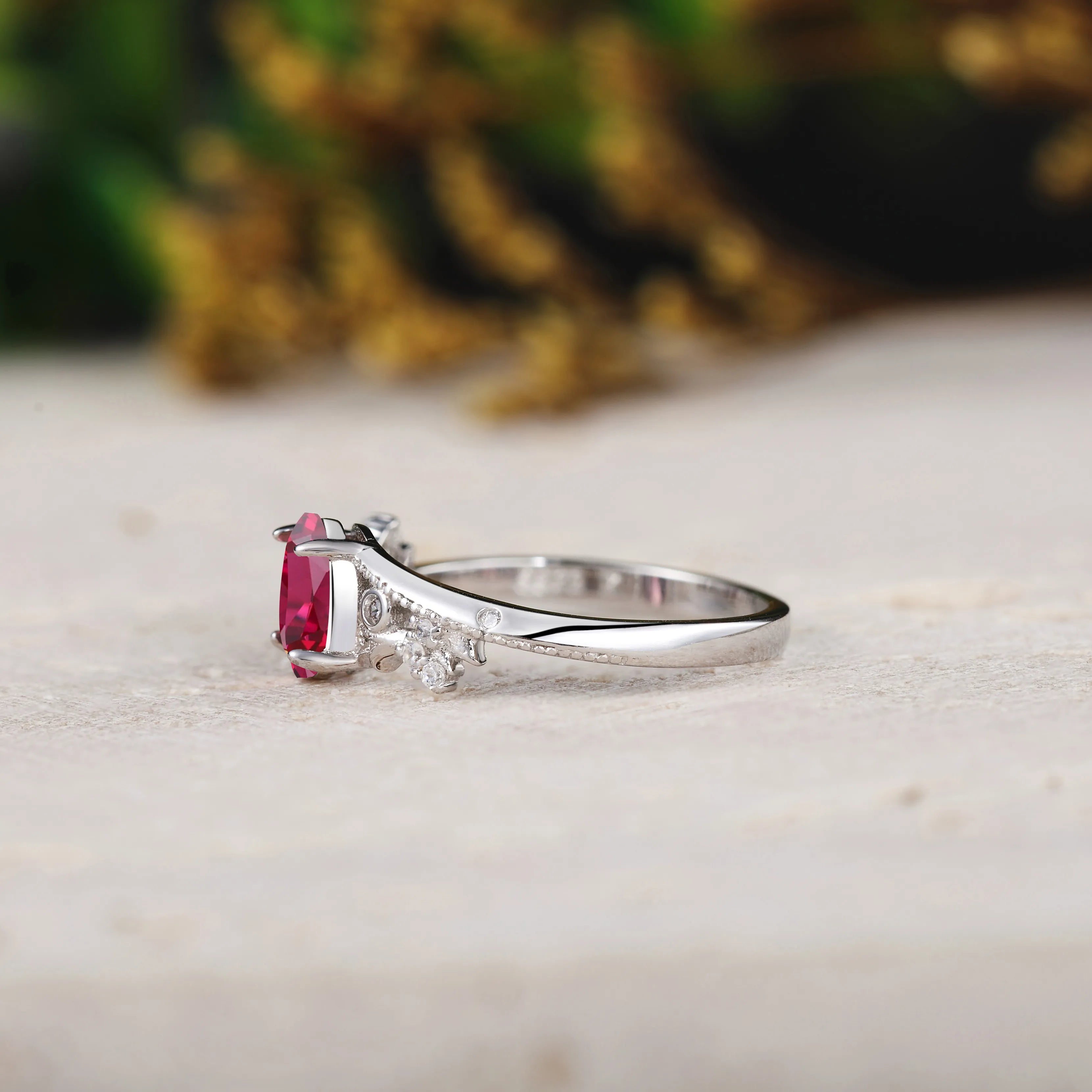 Oval Lab Ruby Engagement Ring with Vintage Beaded & Branches