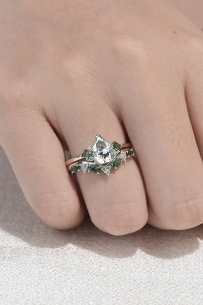 Pear Cut Moissanite Engagement Ring with V Shaped Wedding Band