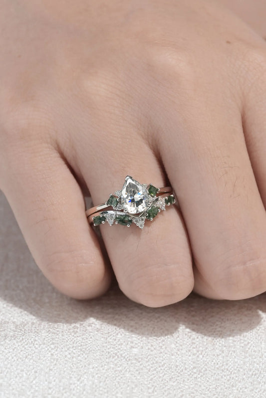Pear Cut Moissanite Engagement Ring with V Shaped Wedding Band