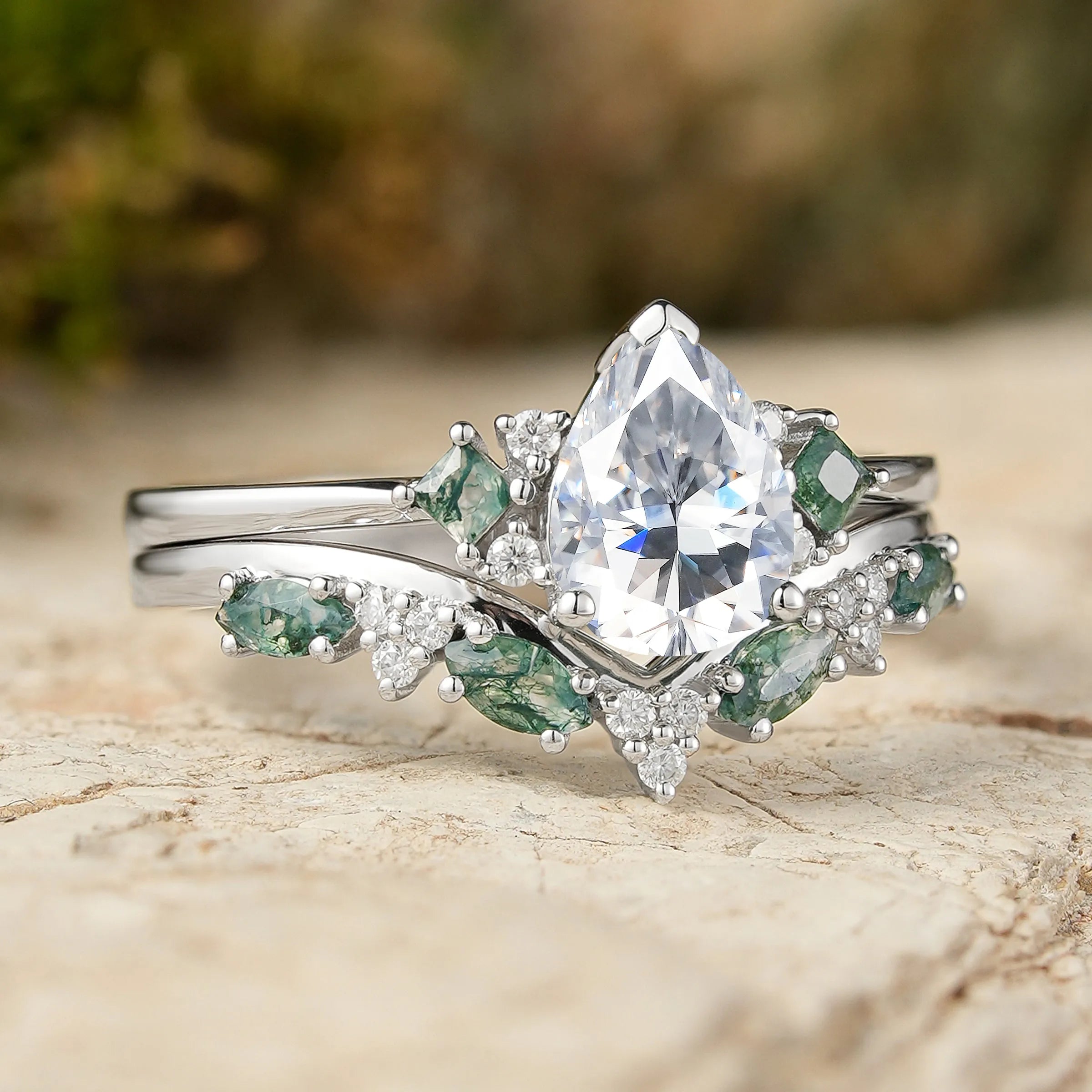 Pear Cut Moissanite Engagement Ring with V Shaped Wedding Band