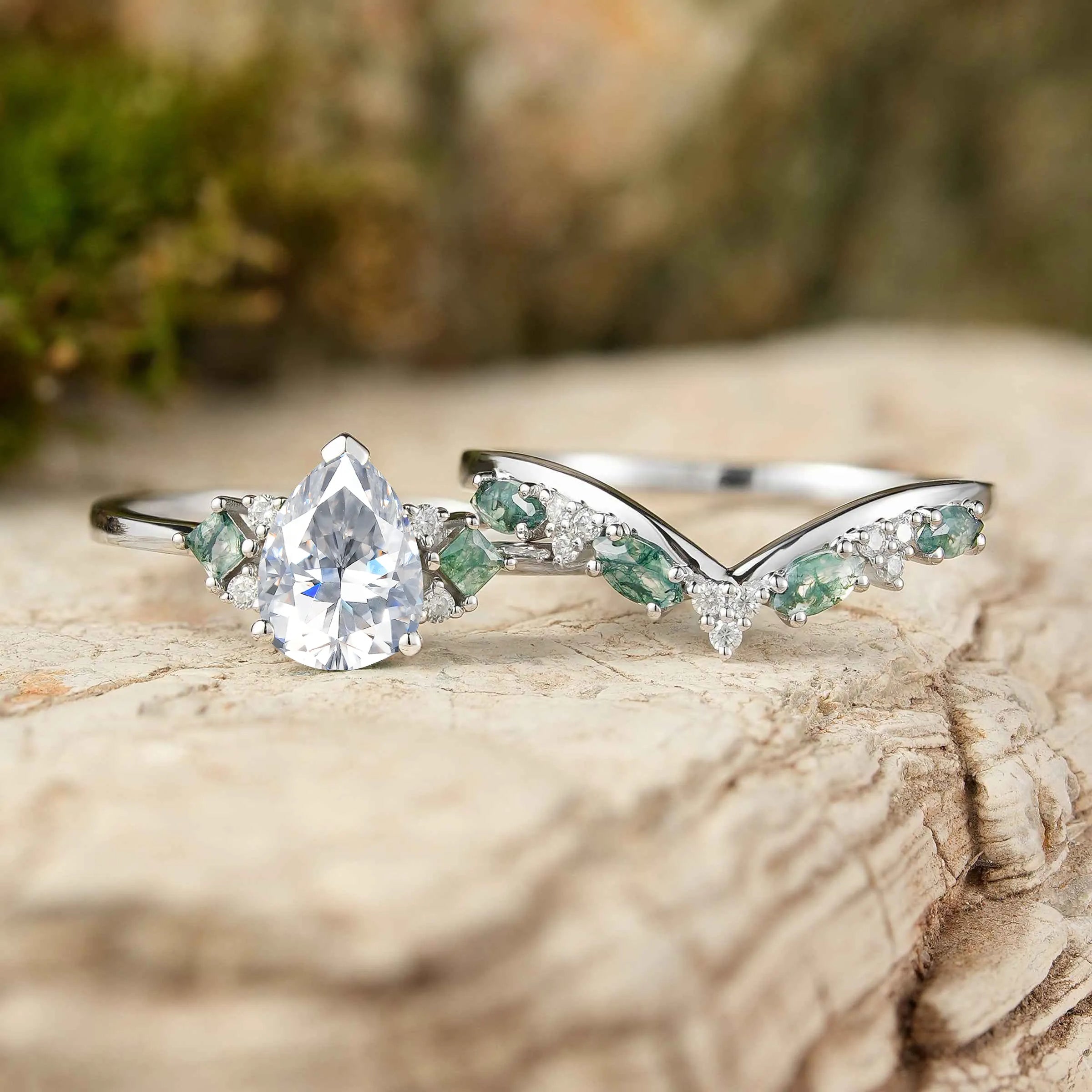 Pear Cut Moissanite Engagement Ring with V Shaped Wedding Band