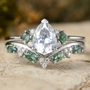 Pear Cut Moissanite Engagement Ring with V Shaped Wedding Band