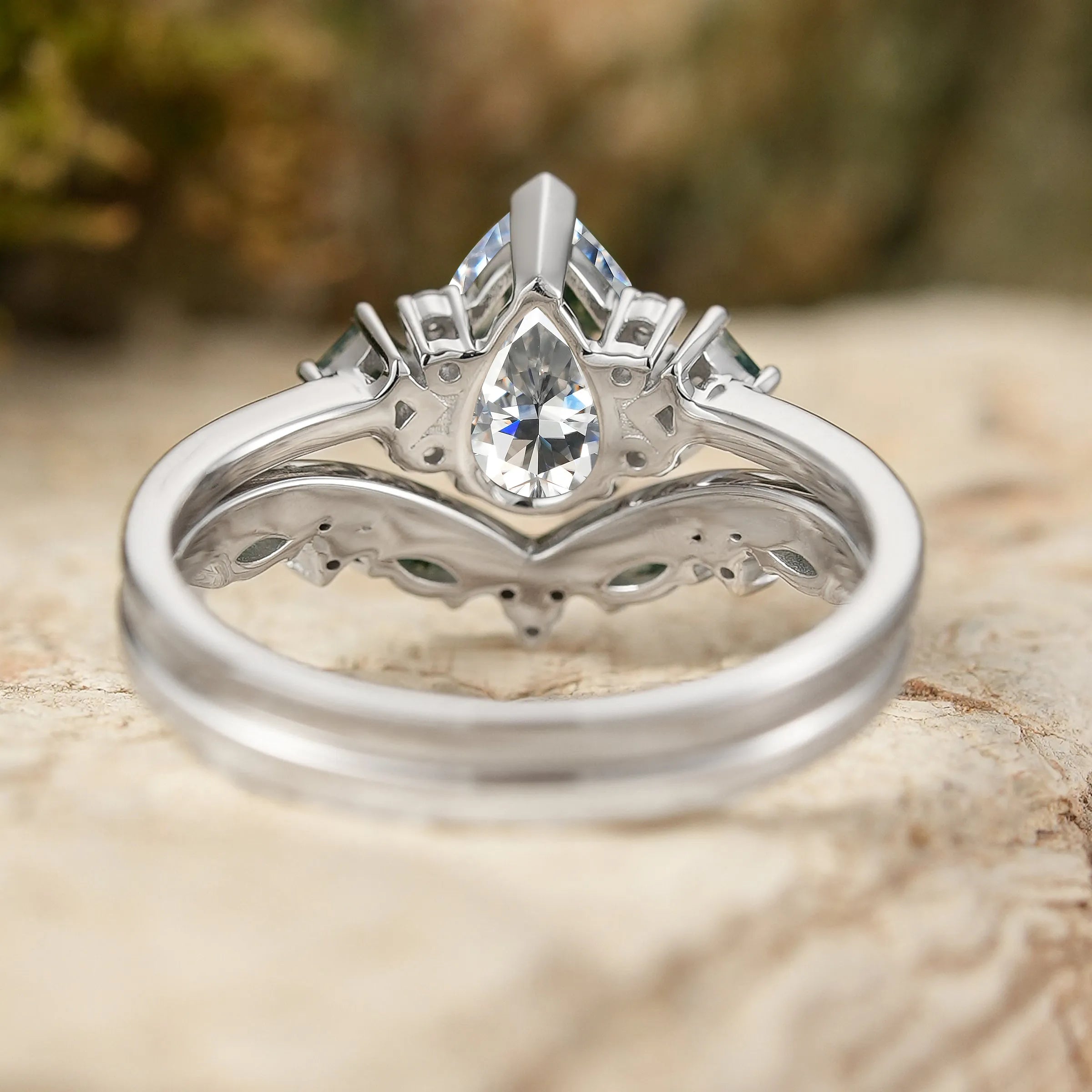 Pear Cut Moissanite Engagement Ring with V Shaped Wedding Band