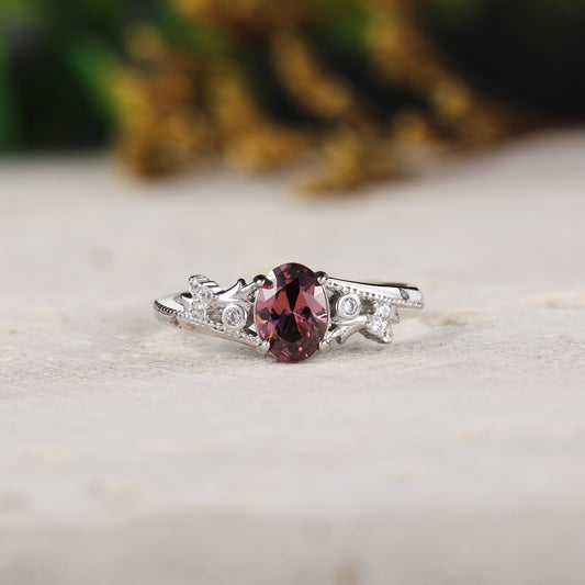 Oval Lab Ruby Engagement Ring with Vintage Beaded & Branches